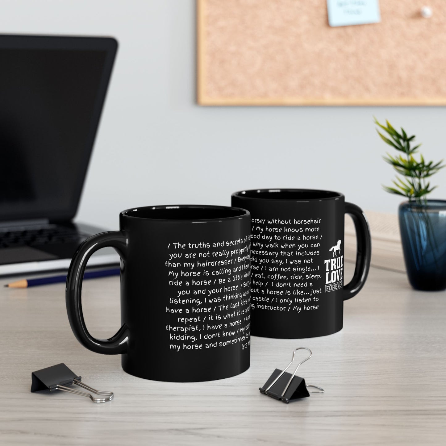"The truths and secrets of riding a horse", Funny quotes and True Love Horse Running Black Mug - "Wisdom" for Horse Lovers ;-)