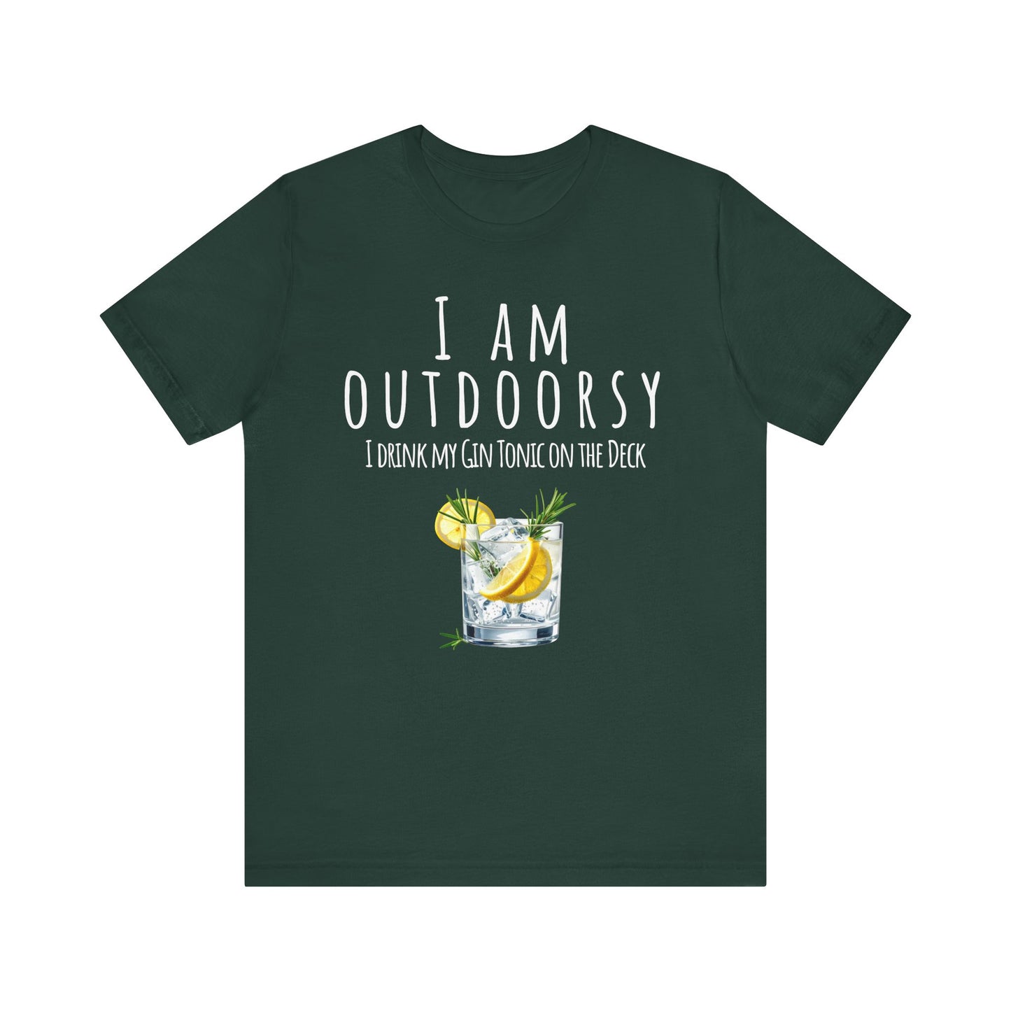 Green t-shirt with text and graphic of a gin tonic on a white background