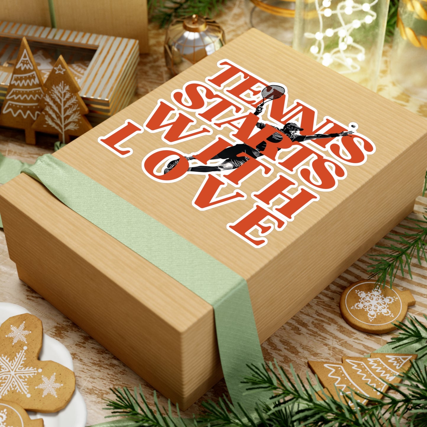Wooden gift box with ' tennis with love' text on a festive background