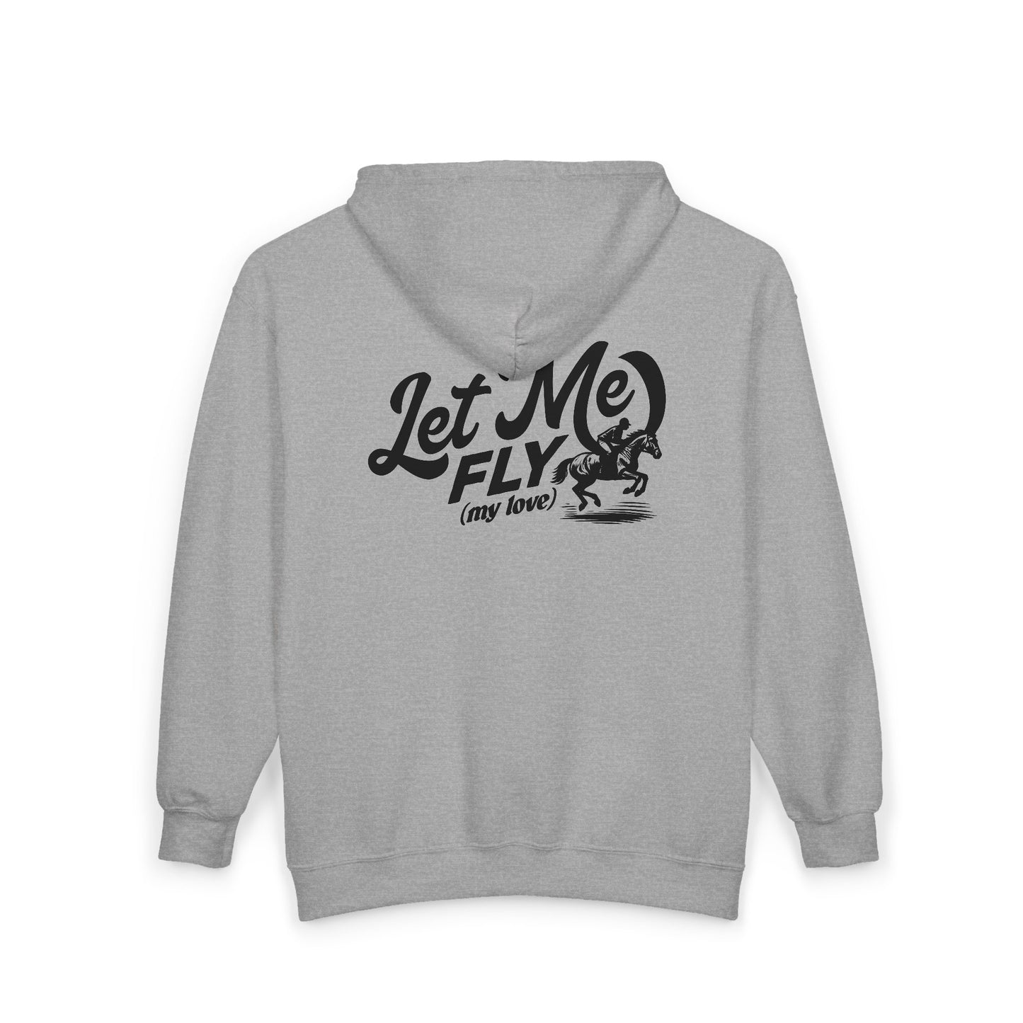 Gray hoodie with 'Let Me Fly (my love)' text and graphic on the back against a white background