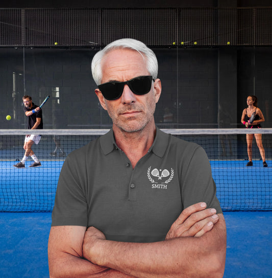 personalized padel gift A man with white hair and sunglasses stands in front of a tennis court, wearing a dark gray polo shirt with a white tennis racket graphic and the name 'SMITH' on the left chest. Two people are playing tennis in the background.