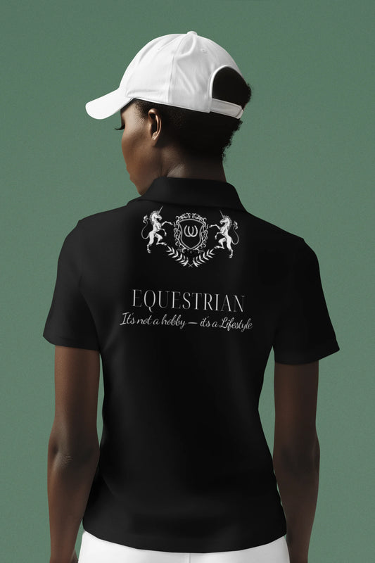 Person wearing a black polo shirt with 'Equestrian' text and logo on the back, against a green background.