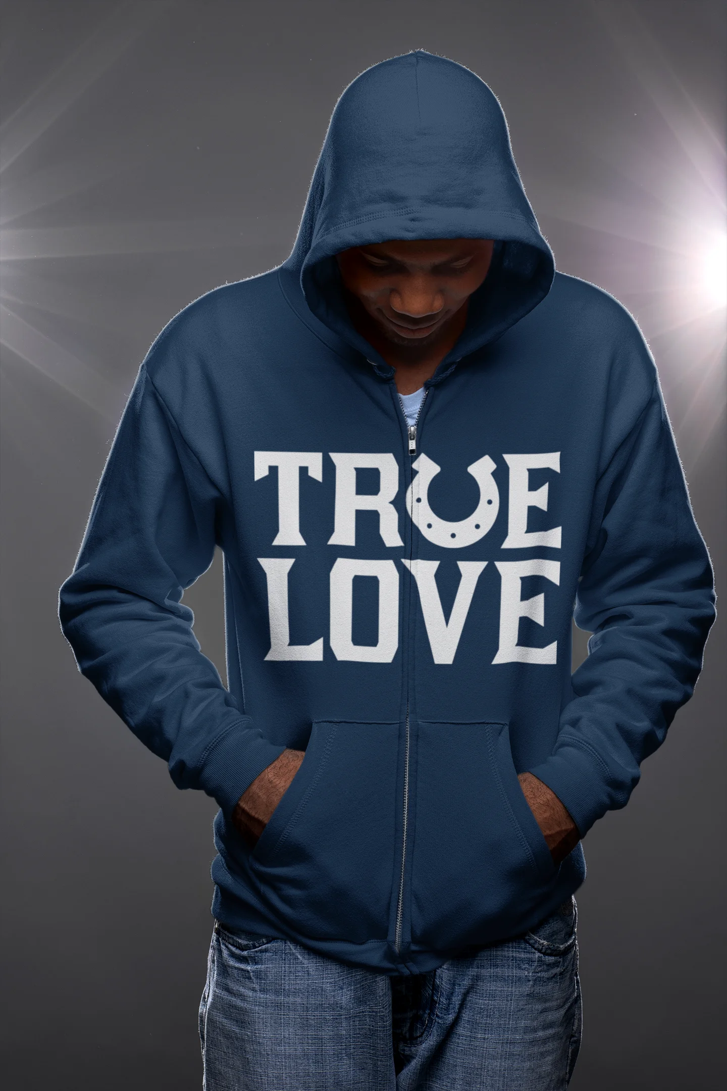 True love horseshoe hoodie Person wearing a blue hoodie with 'TRUE LOVE' text on a dark background