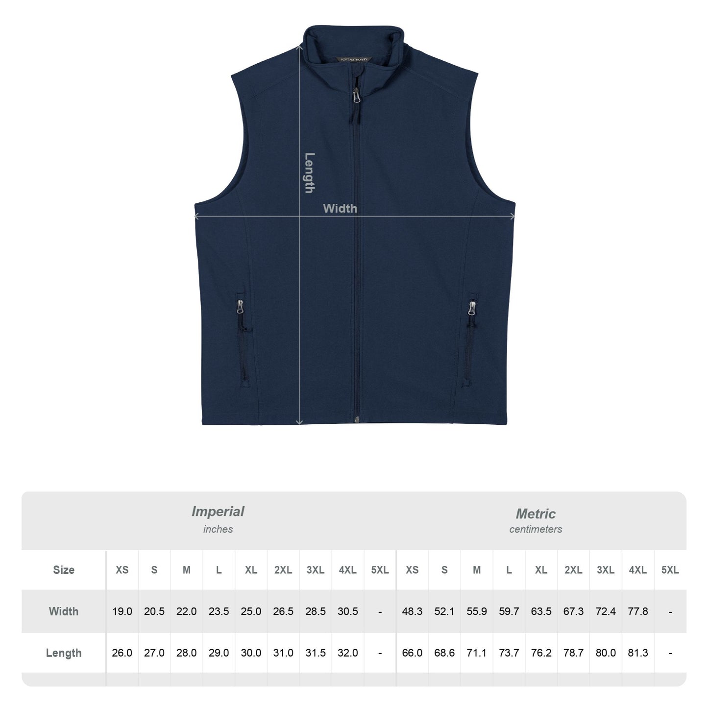 Navy blue vest with measurement chart on a white background