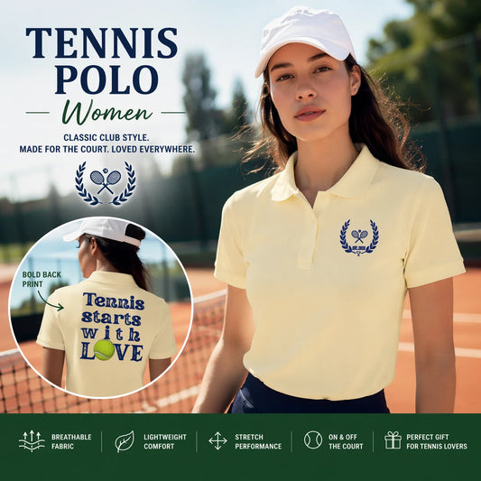 Tennis Polo Women Woman wearing a yellow tennis polo shirt on a tennis court with text about the product.