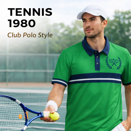 Vintage Tennis Polo Man in green tennis polo shirt holding a racket and ball on a tennis court, with text 'TENNIS 1980 Club Polo Style'.
