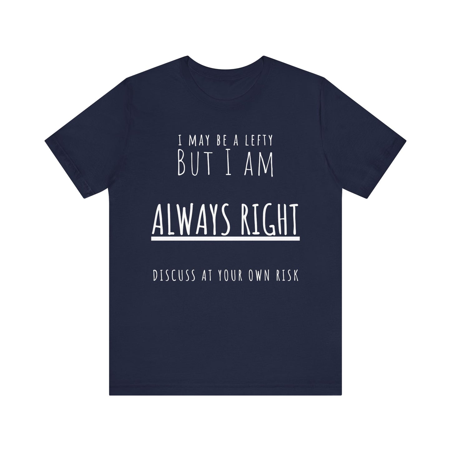 Navy blue t-shirt with white text on a white background