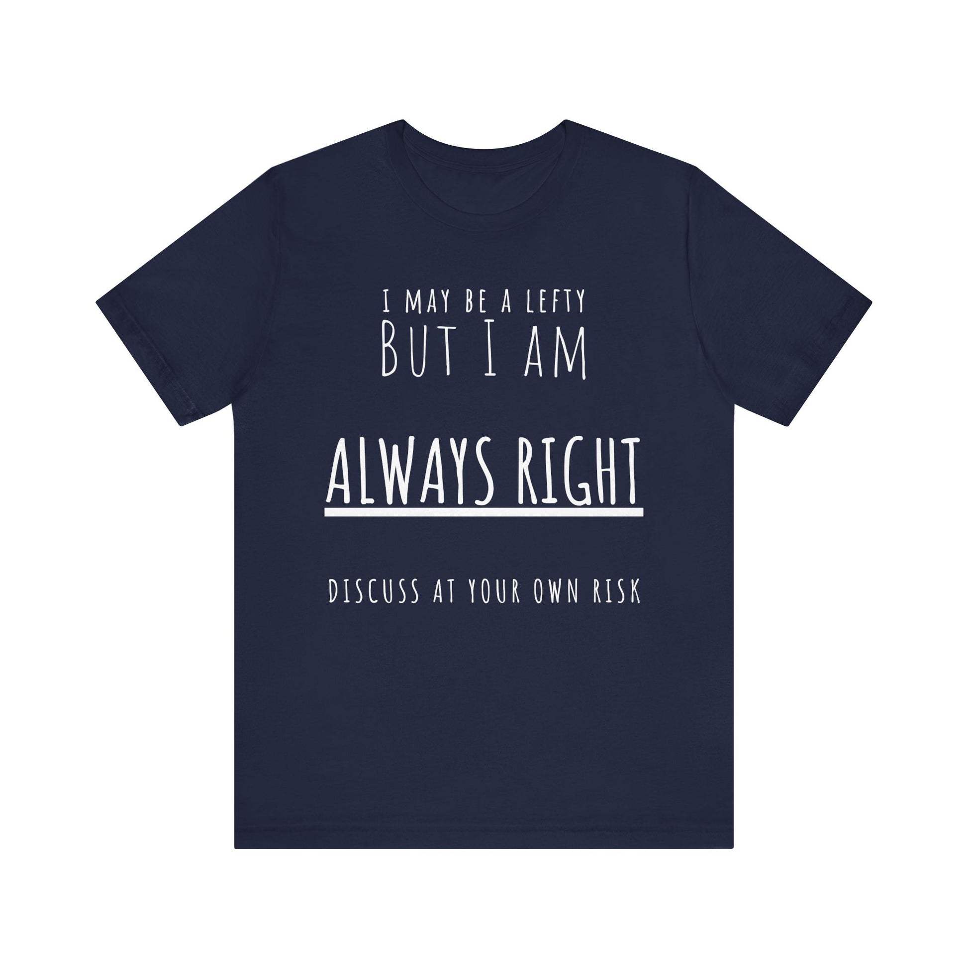 Navy blue t-shirt with white text on a white background