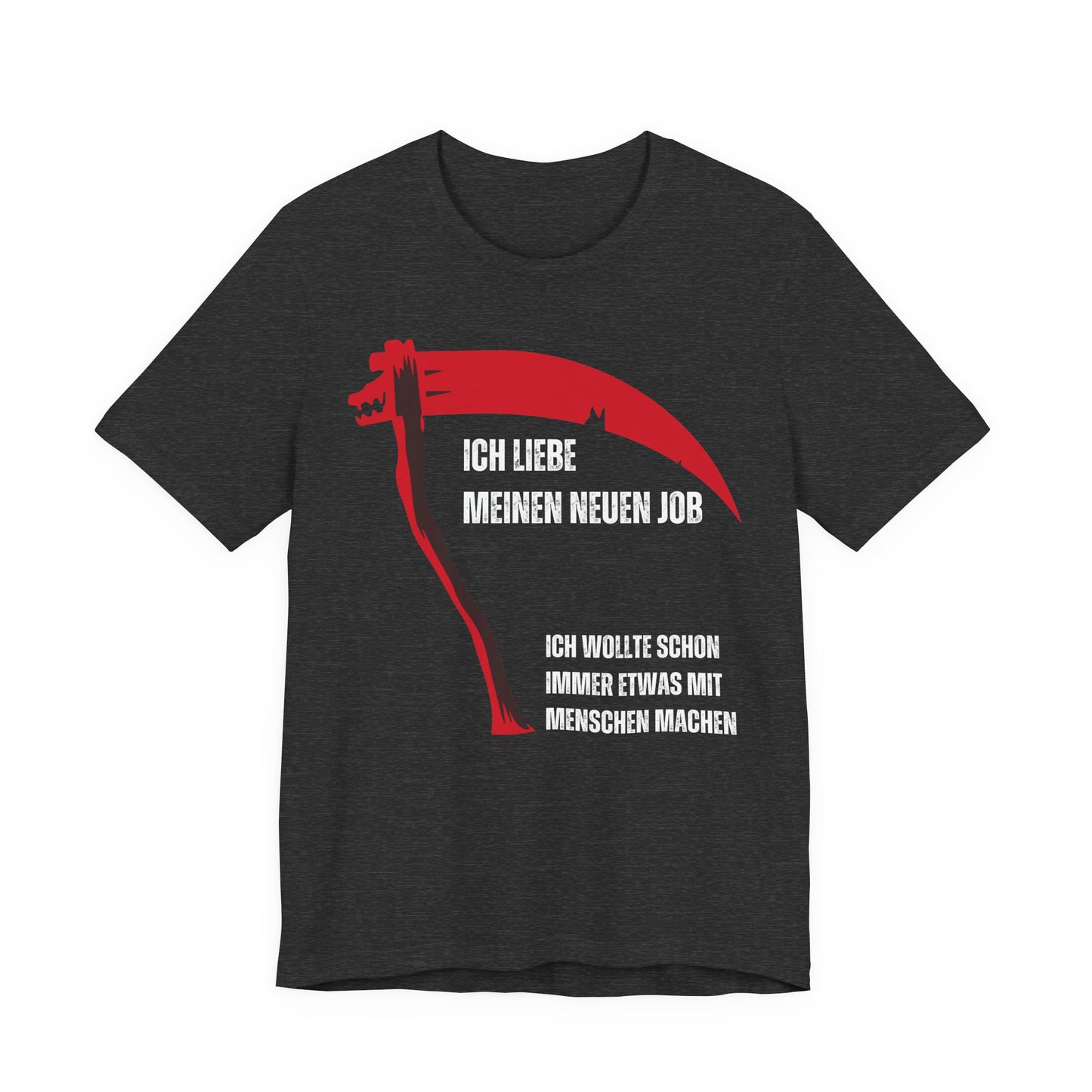 Black t-shirt with red and white graphic and text on a white background