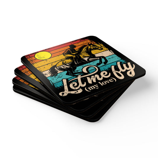 Set of four coasters with a horse graphic and 'Let me fly (my love)' text on a white background