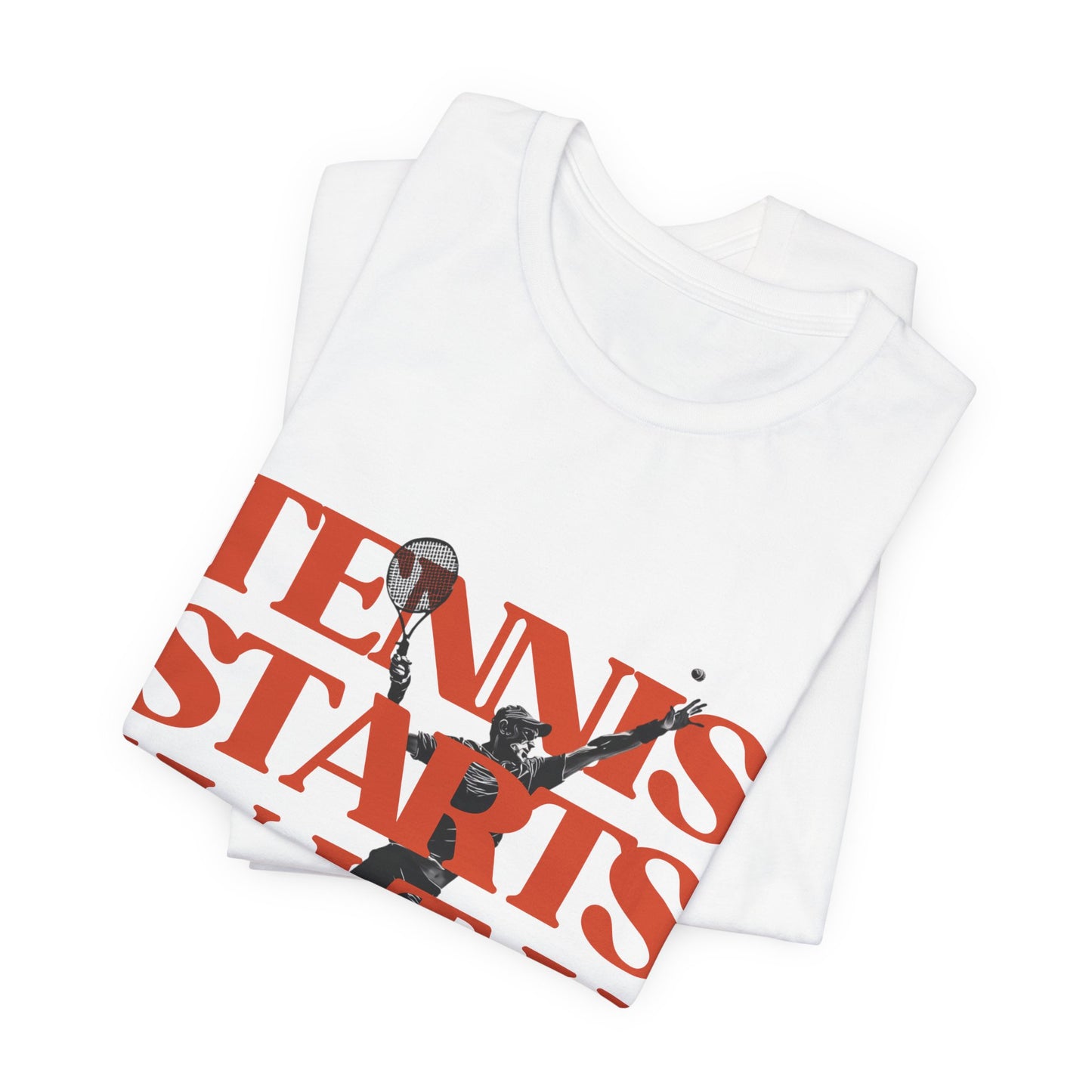 White tank top with red graphic design of a tennis player and 'Tennis Starts' text on a white background