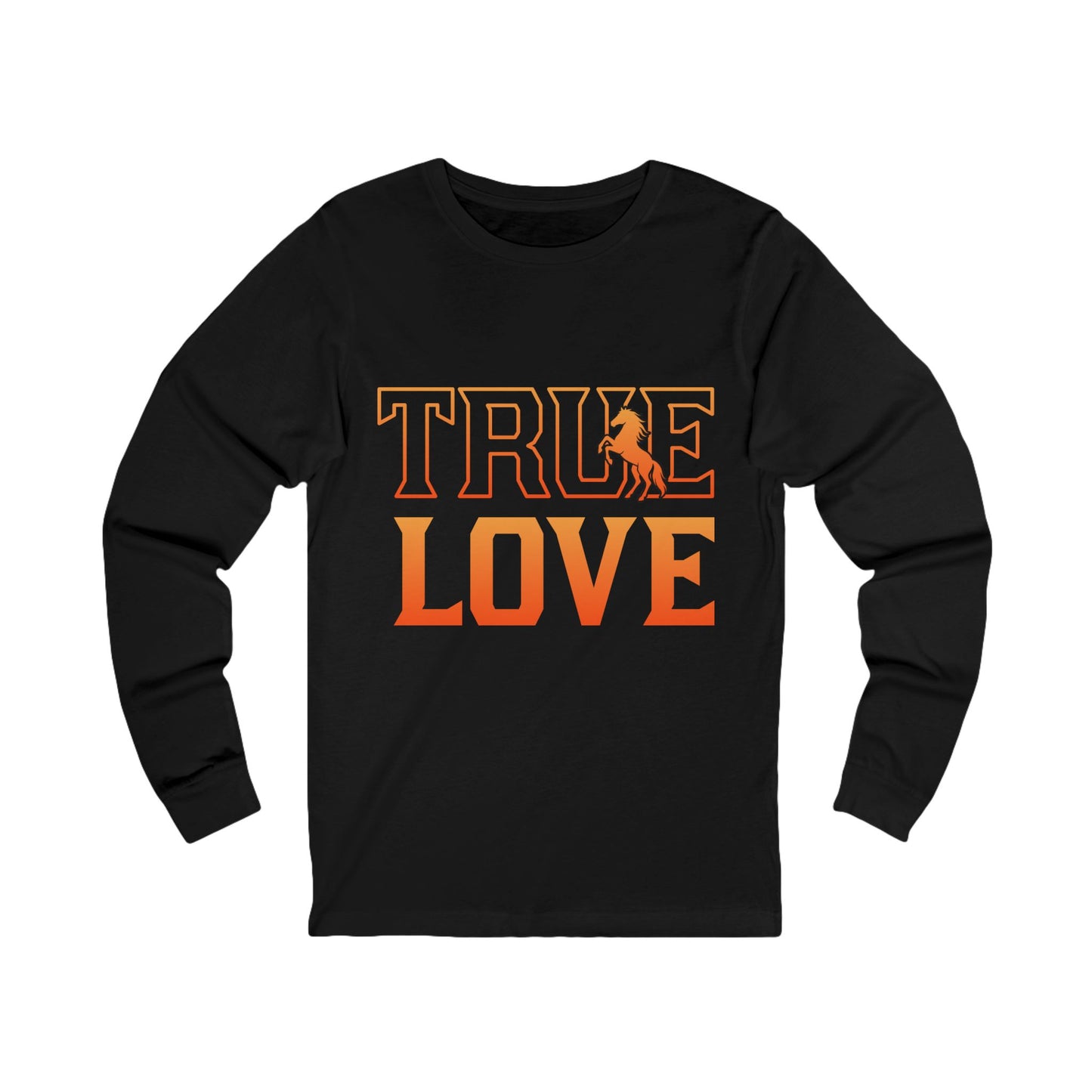 Black long-sleeve shirt with 'TRUE LOVE' printed in orange on a white background