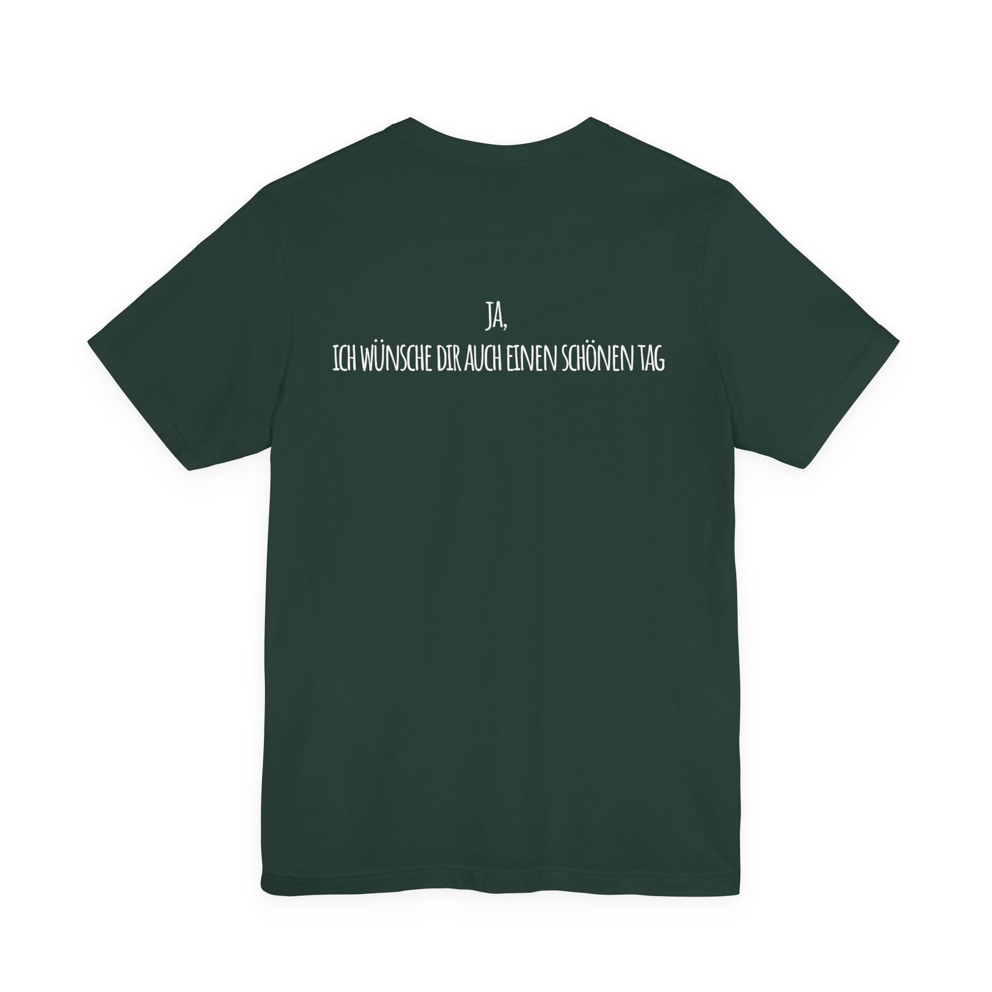 Green t-shirt with white text on the back against a white background