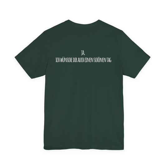 Green t-shirt with white text on the back against a white background