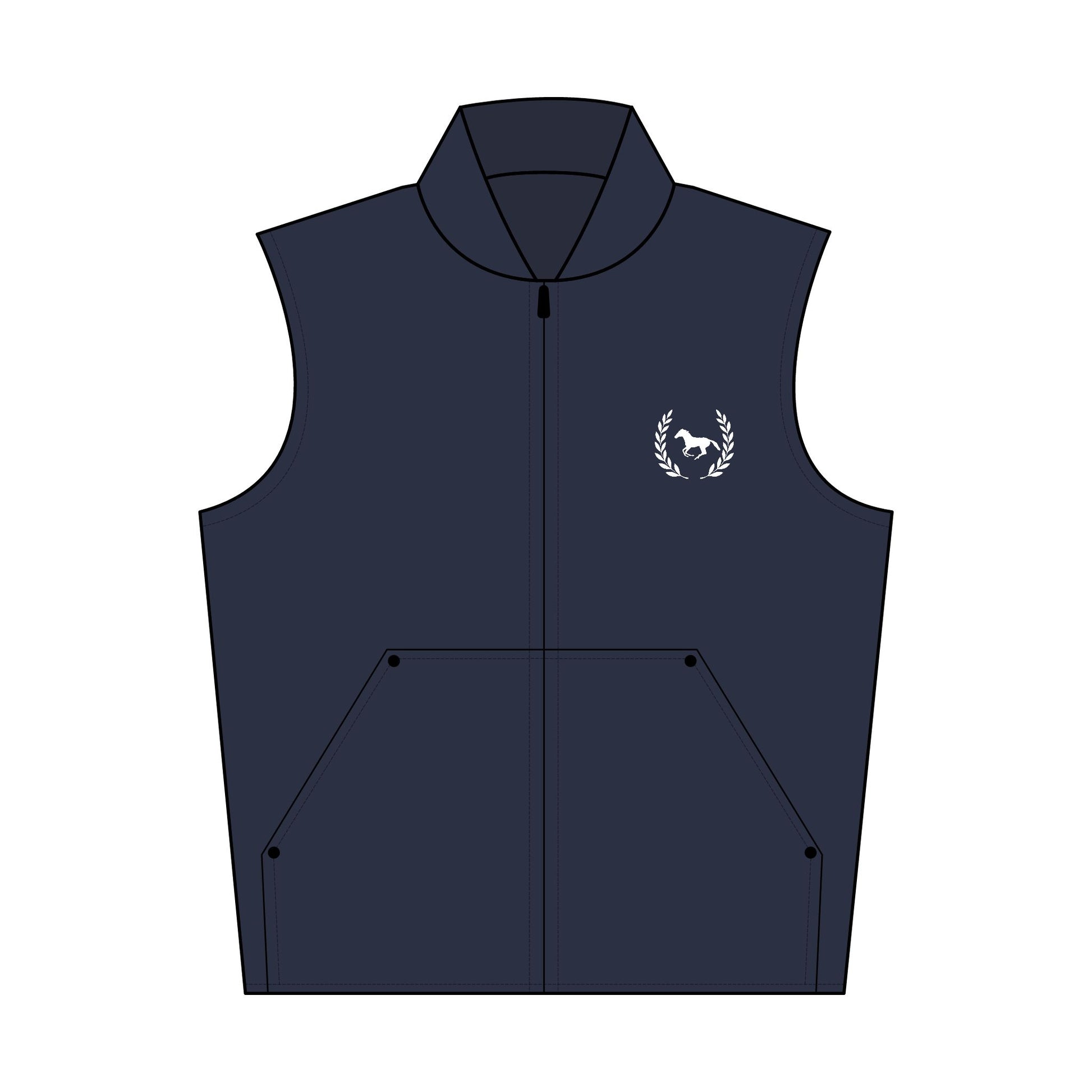 Navy blue vest with a white logo on a white background