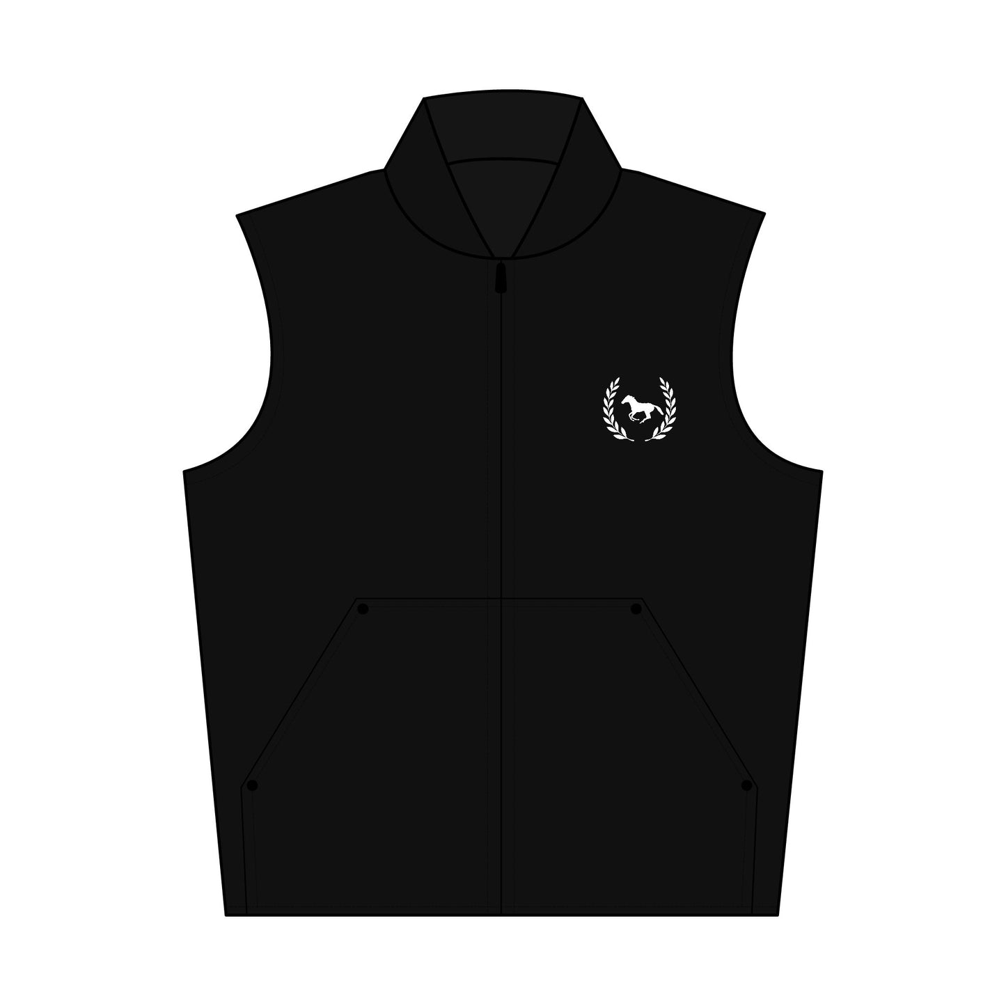 Black vest with a white logo on a white background