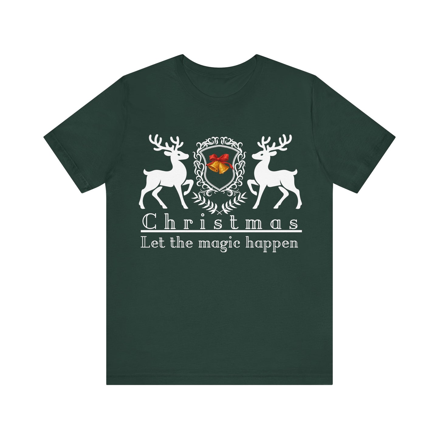Green t-shirt with Christmas design featuring deer and text on a white background