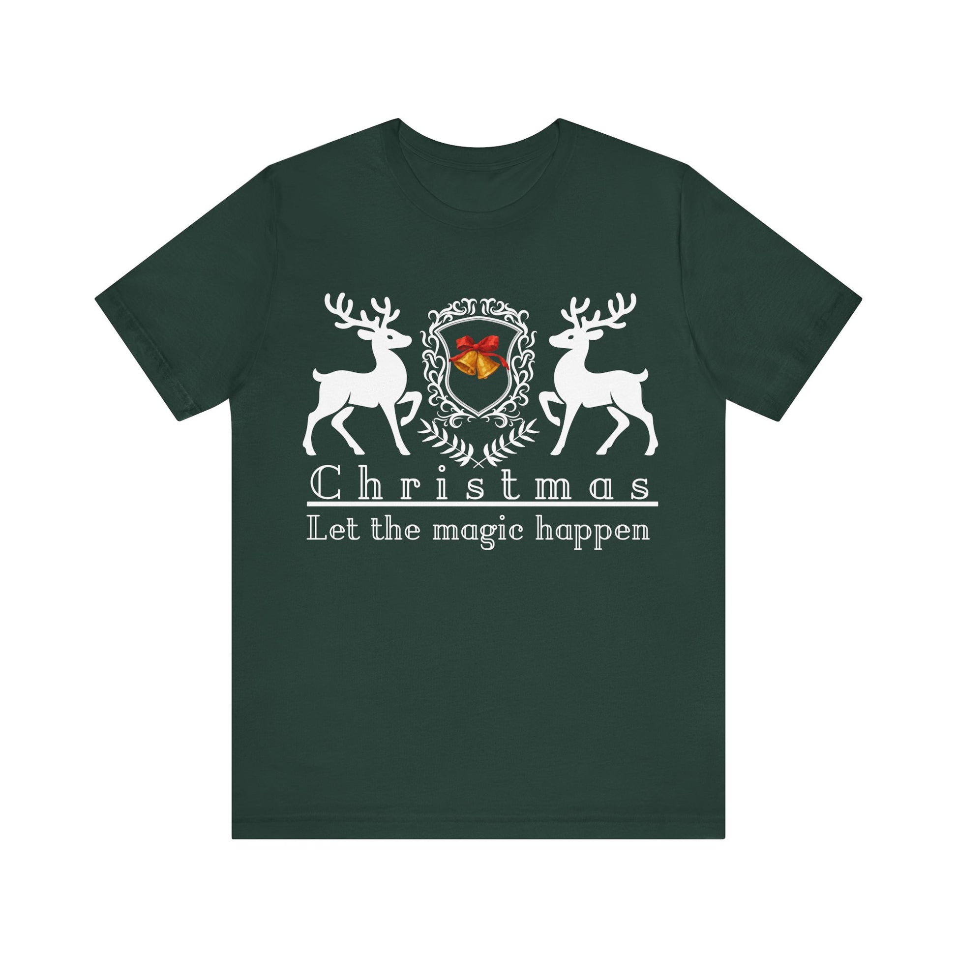 Green t-shirt with Christmas design featuring deer and text on a white background