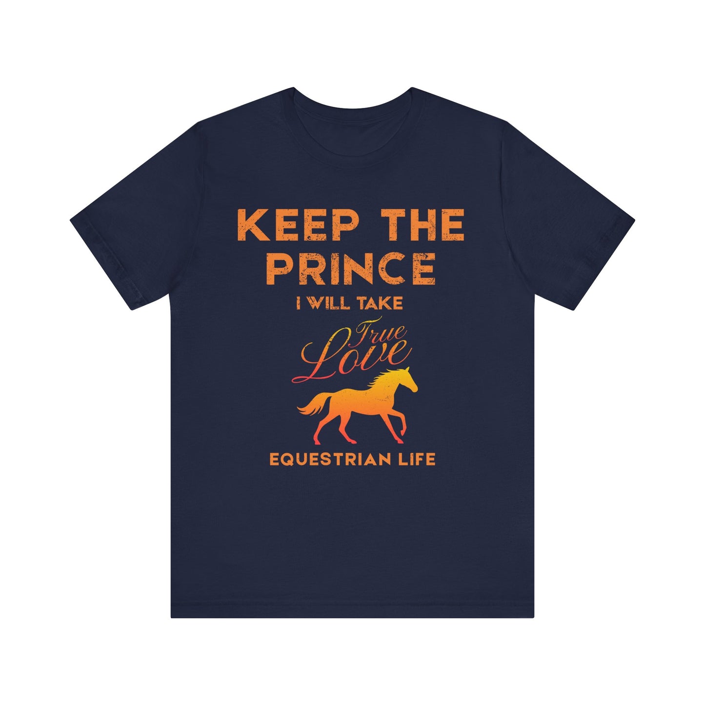 Navy blue t-shirt with orange text and a horse graphic on a white background