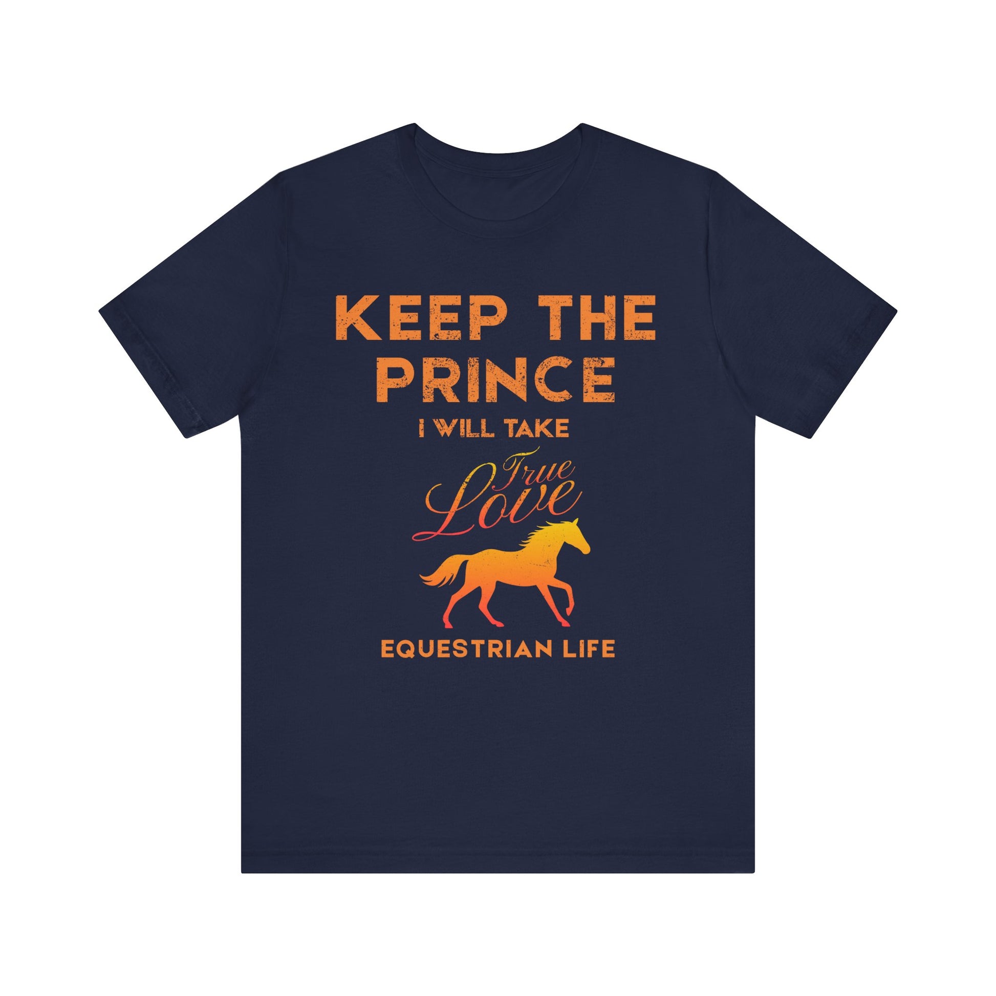 Navy blue t-shirt with orange text and a horse graphic on a white background