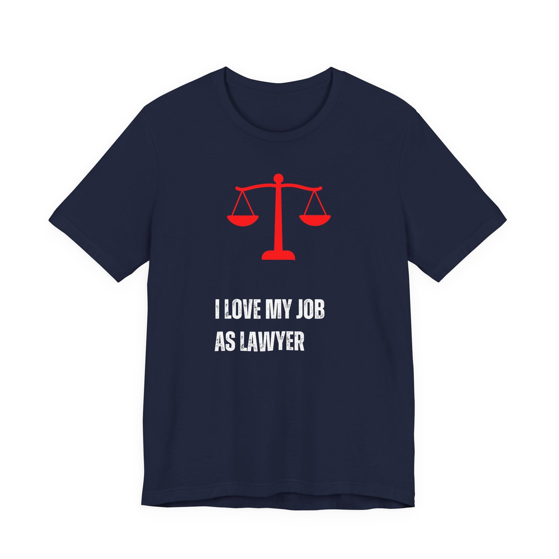 Funny Lawyer Shirt Navy blue t-shirt with red lawyer scale icon and text on a white background