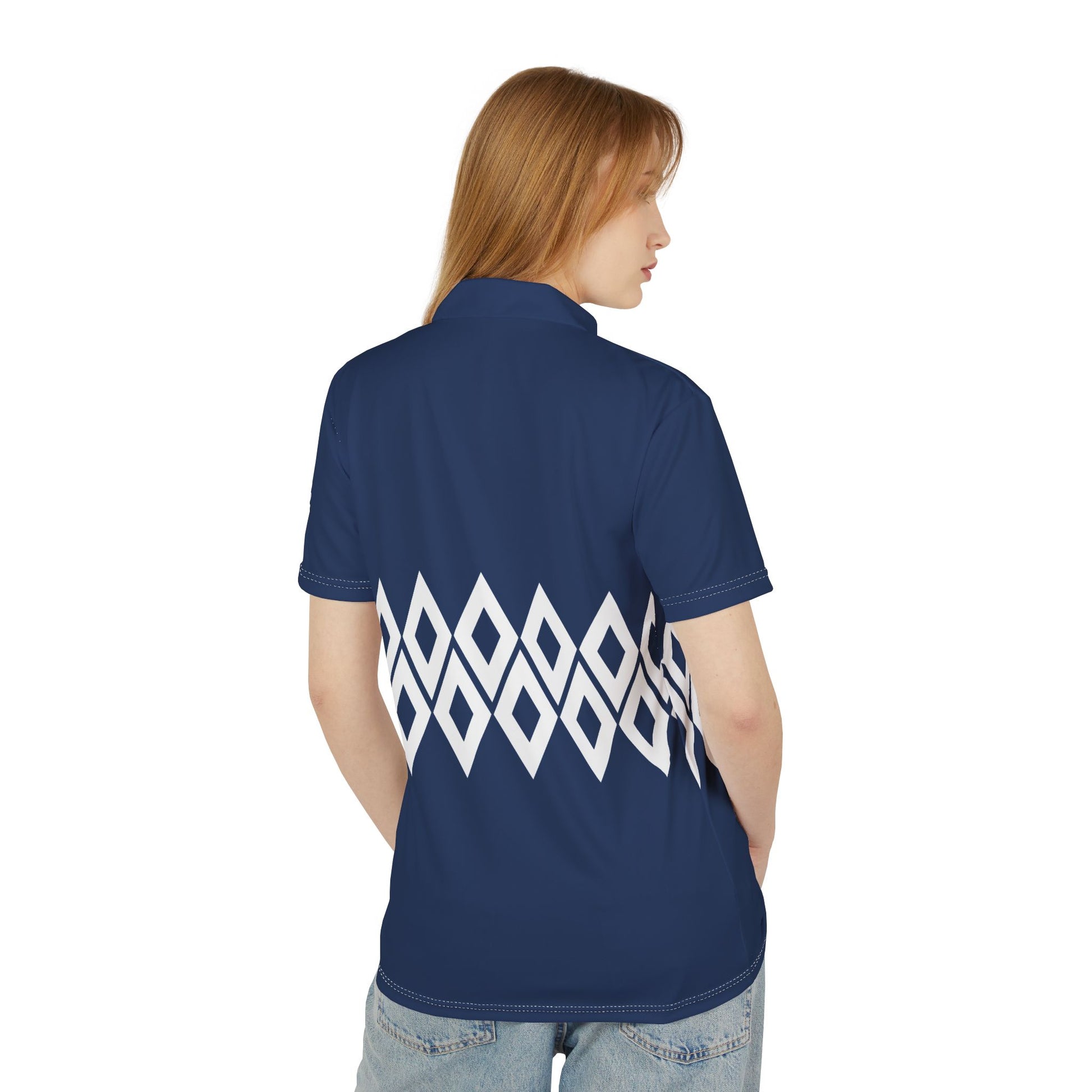 Tennis 1980 Polo Shirt Person wearing a blue polo shirt with a white geometric pattern on the back, on a white background