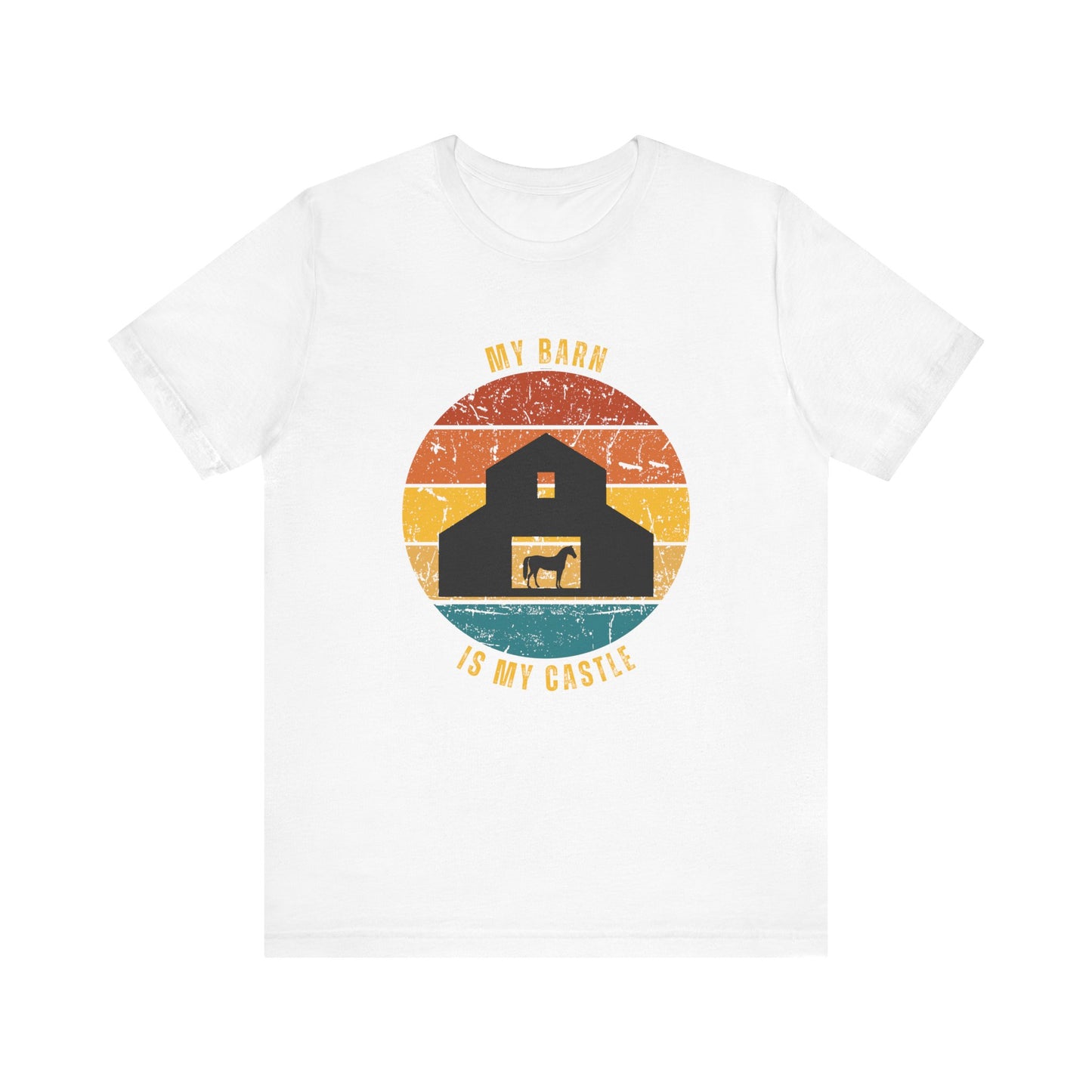 White t-shirt with a graphic of a barn and text 'My barn is my castle' on a white background