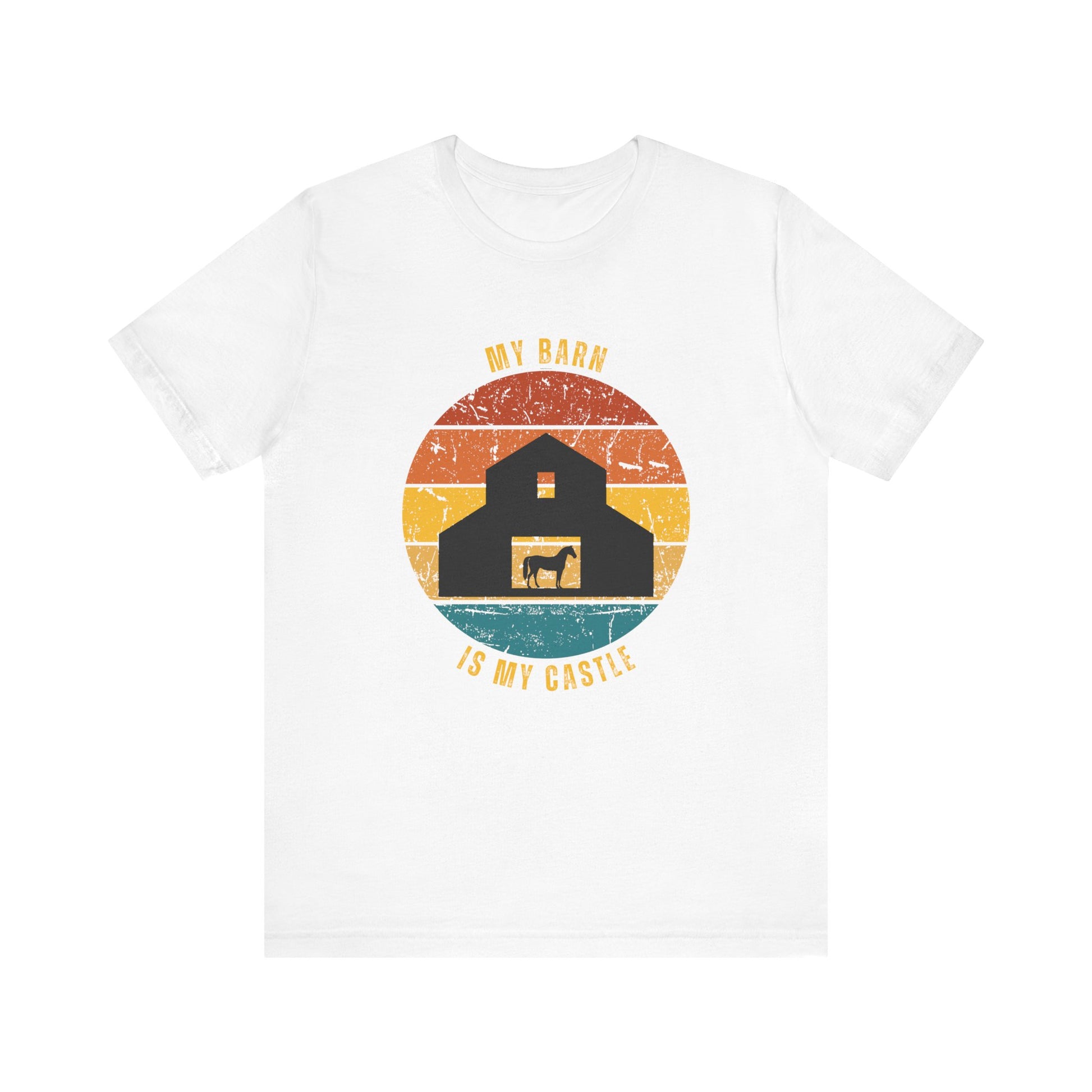 White t-shirt with a graphic of a barn and text 'My barn is my castle' on a white background