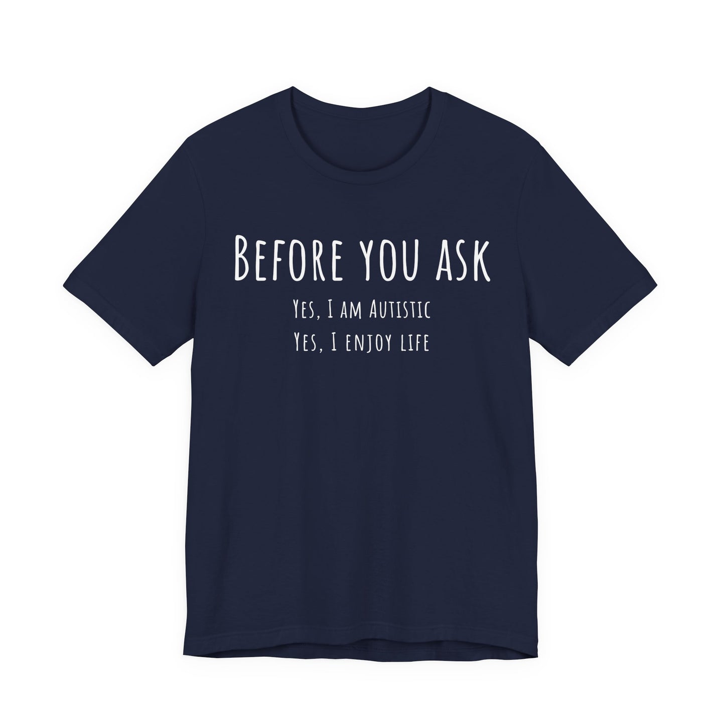 Navy blue t-shirt with white text on a white background