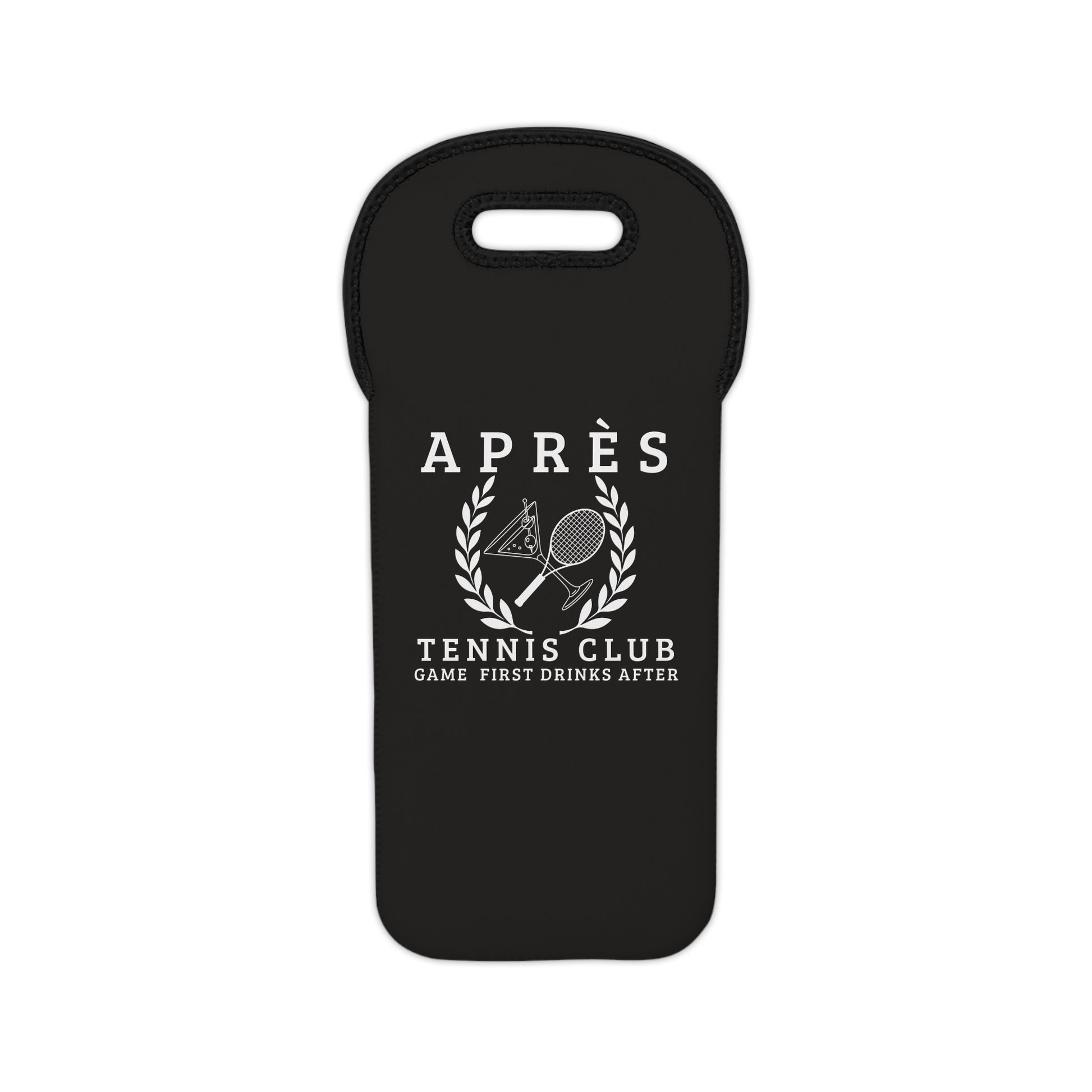 Wine tote bag Black bag with white text and tennis racket design on a white background