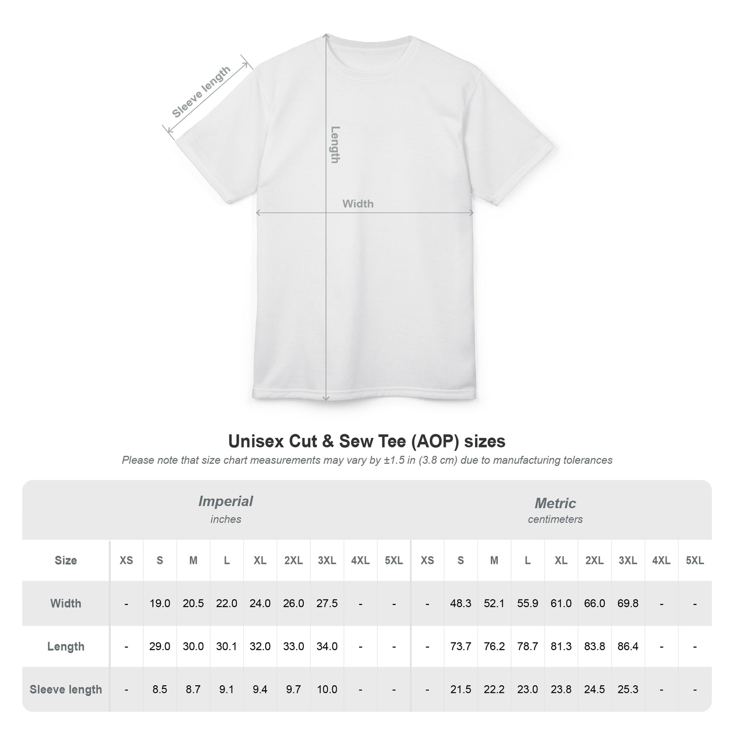 White t-shirt with measurements and size chart on a white background