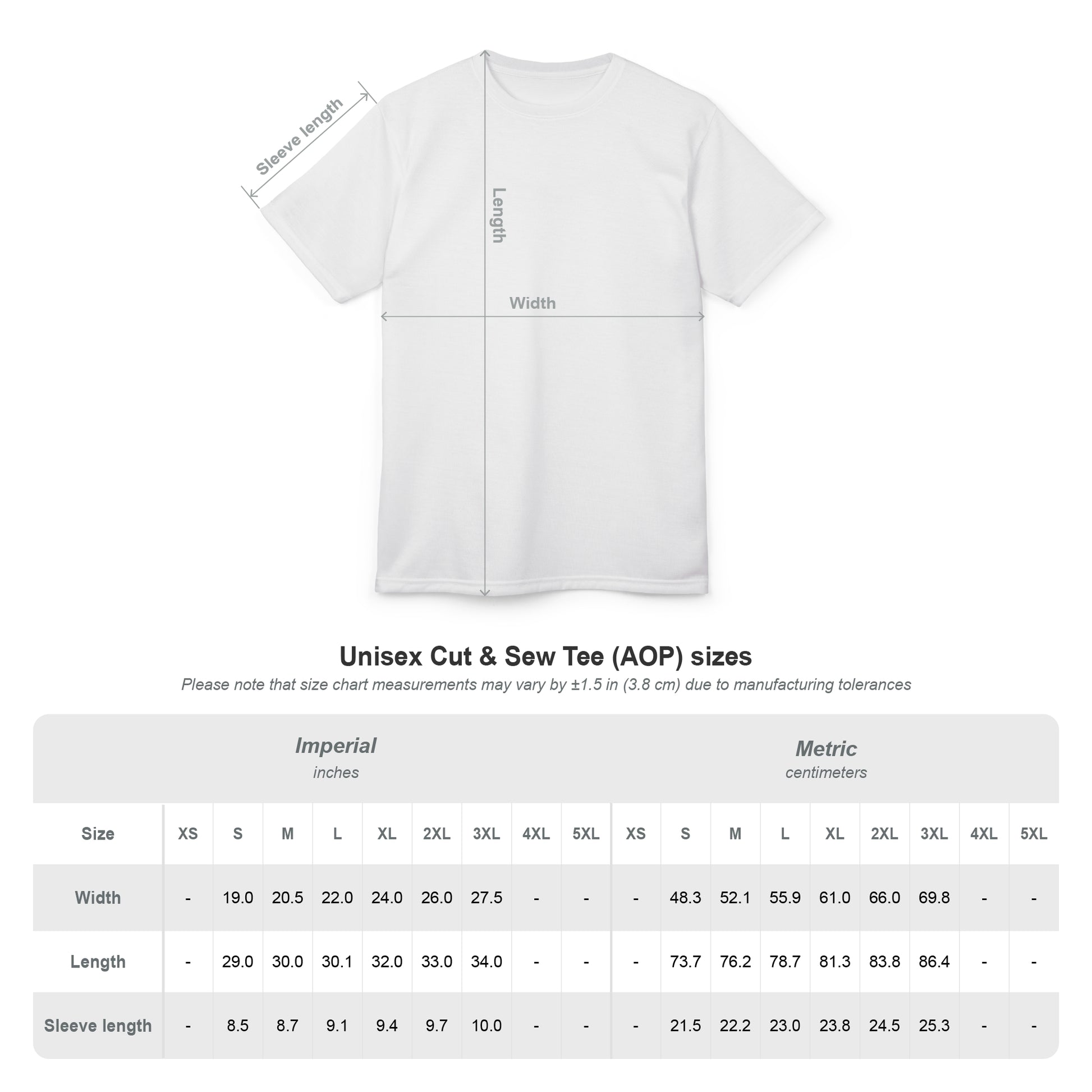 White t-shirt with measurements and size chart on a white background