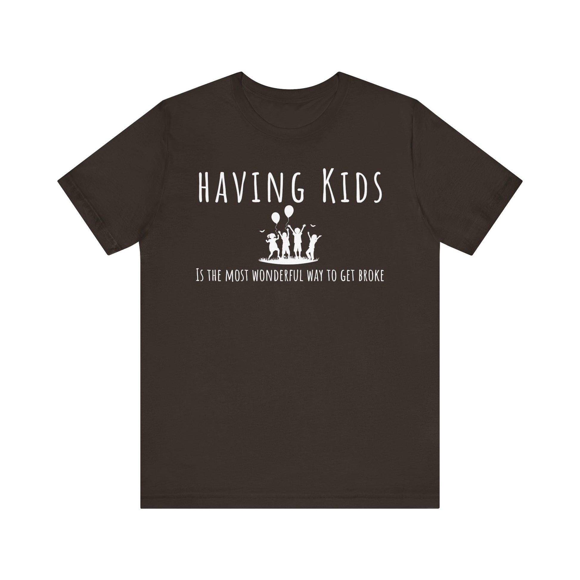 Brown t-shirt with white text and graphics on a white background