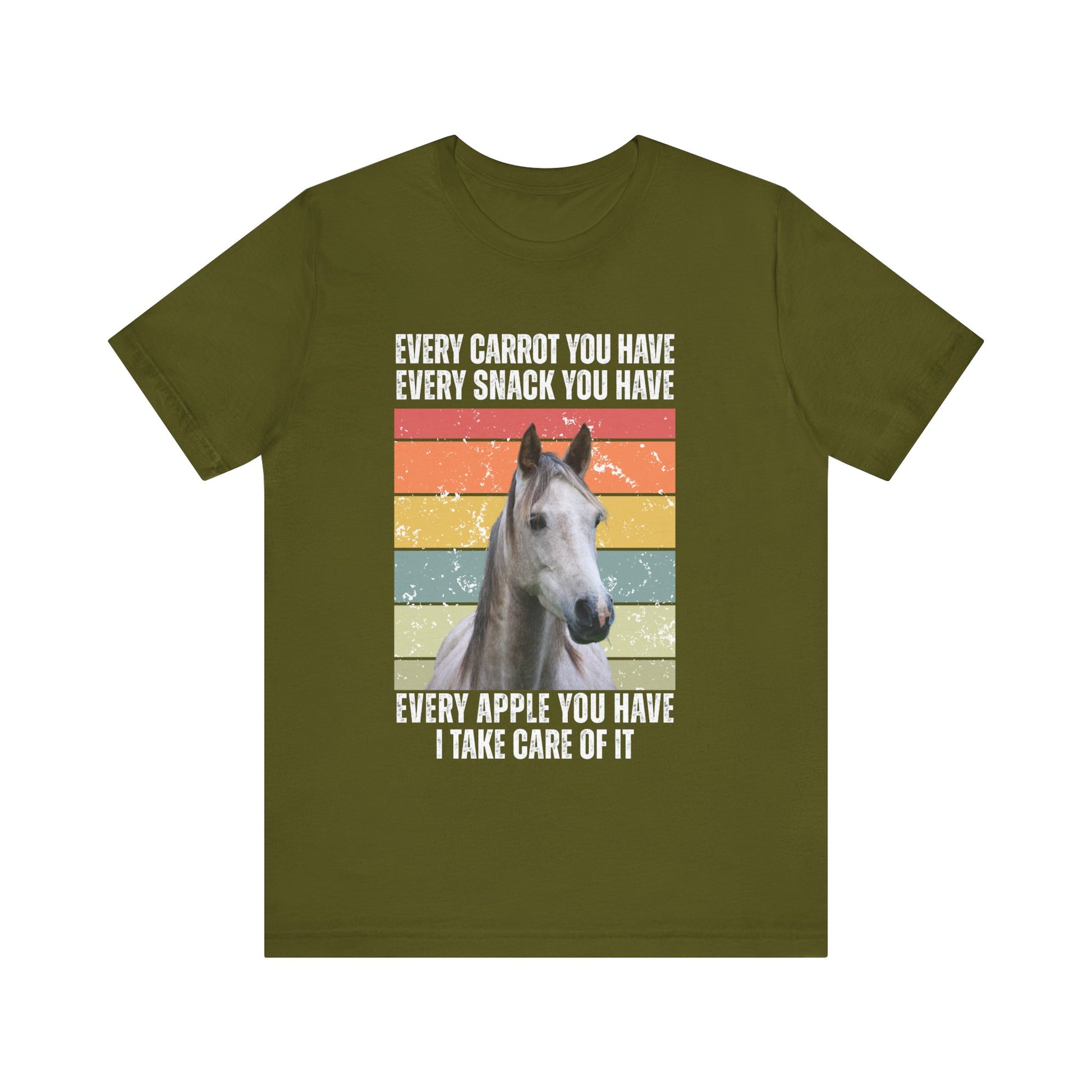 Green t-shirt with a horse graphic and text on a white background