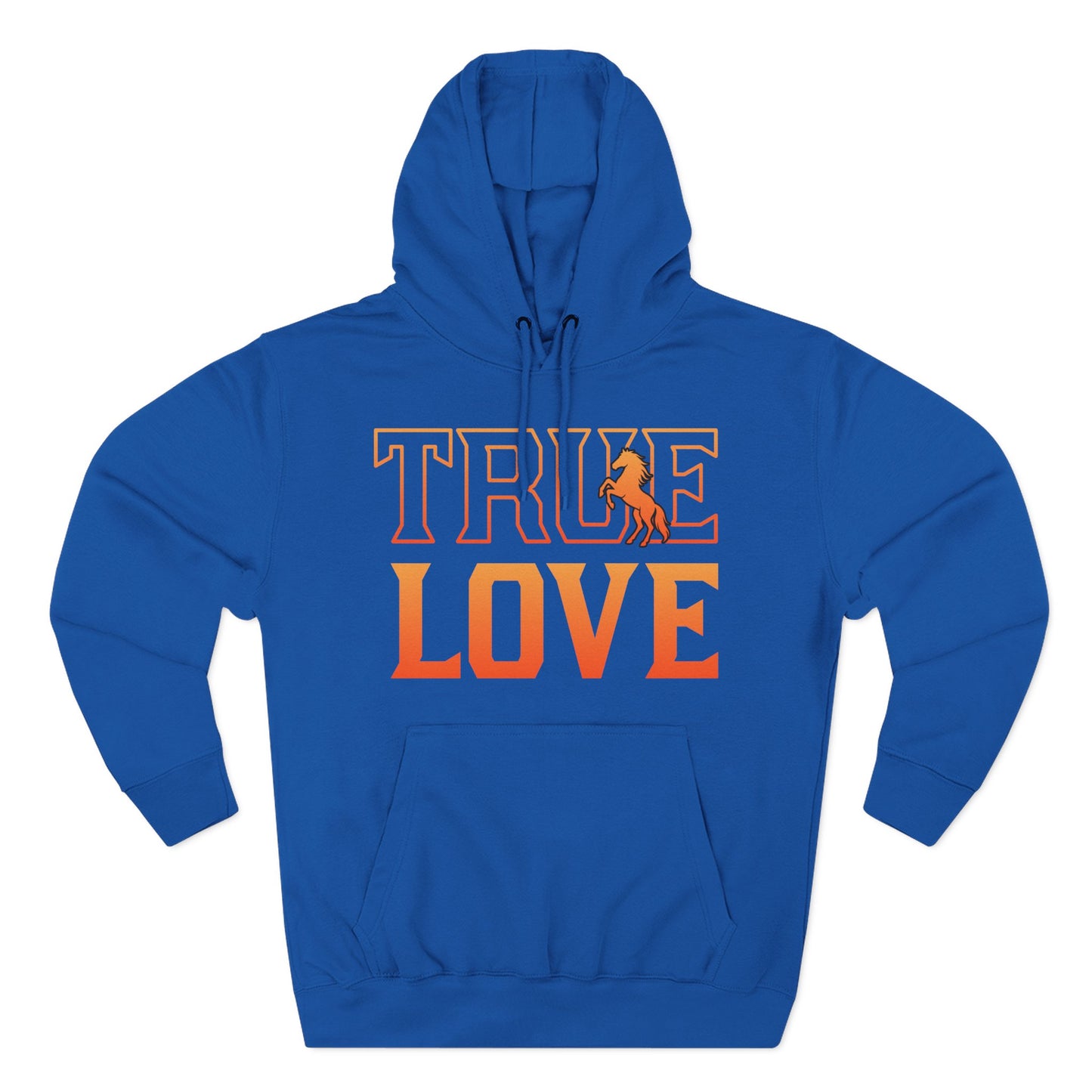 Blue hoodie with 'TRUE LOVE' text and graphic on a white background