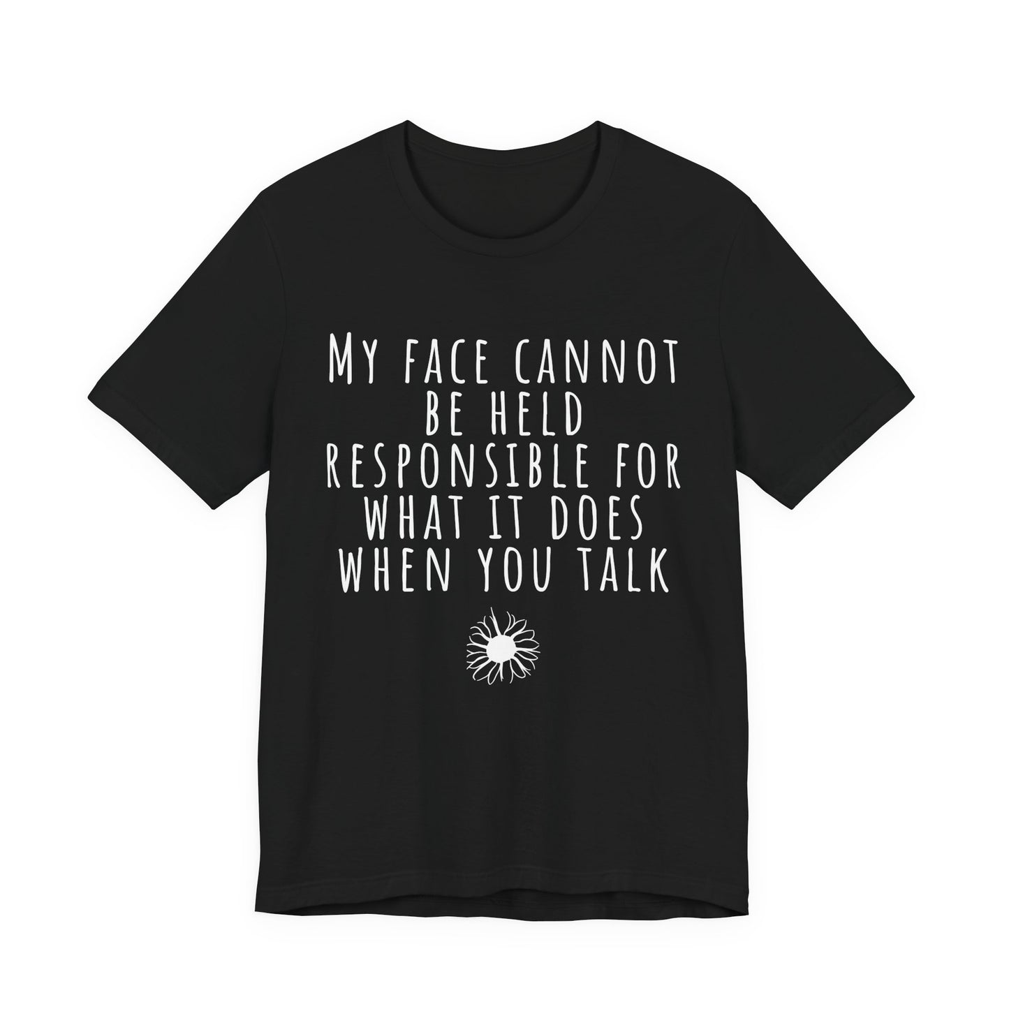 Black t-shirt with white mountain graphic and text on a white background