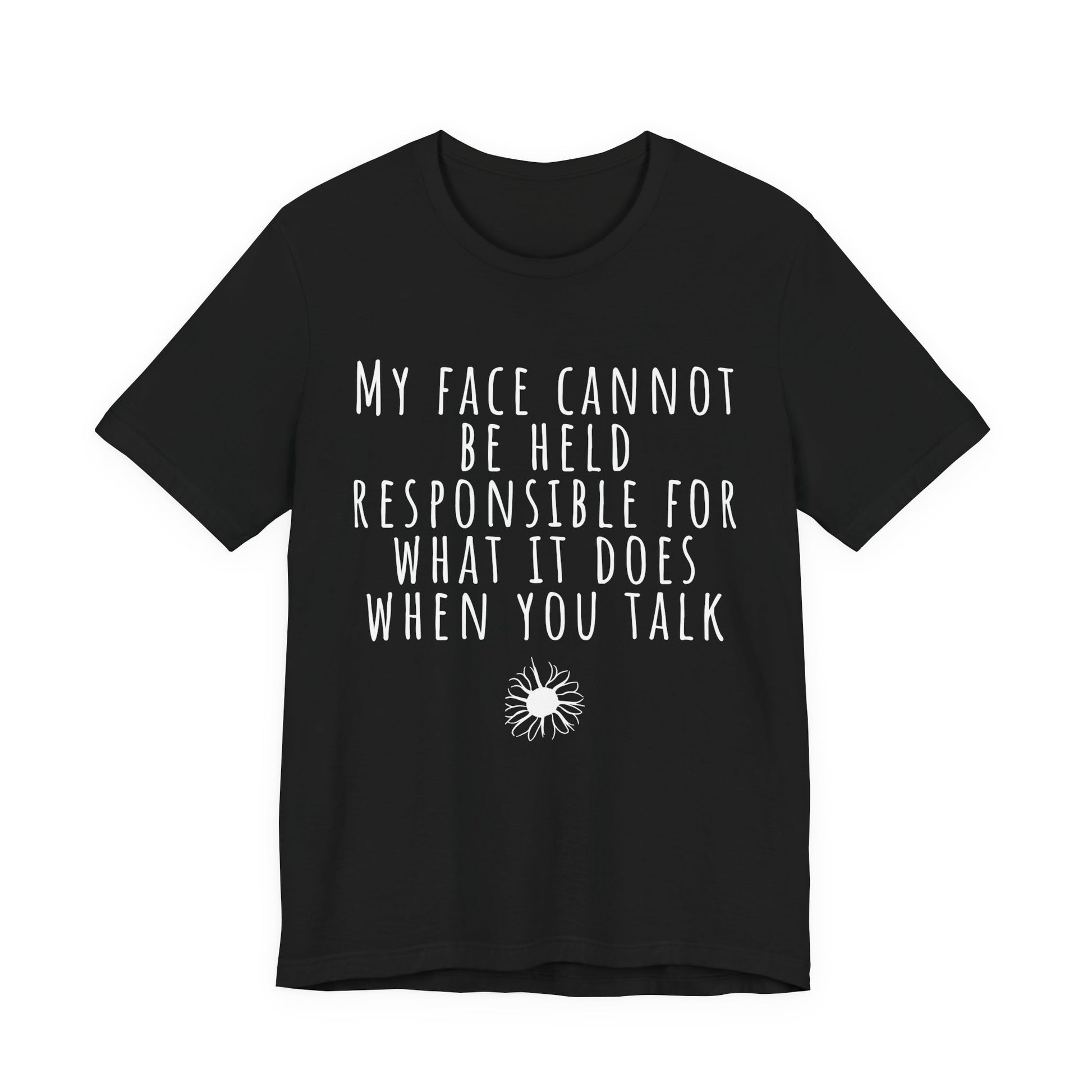 Black t-shirt with white mountain graphic and text on a white background