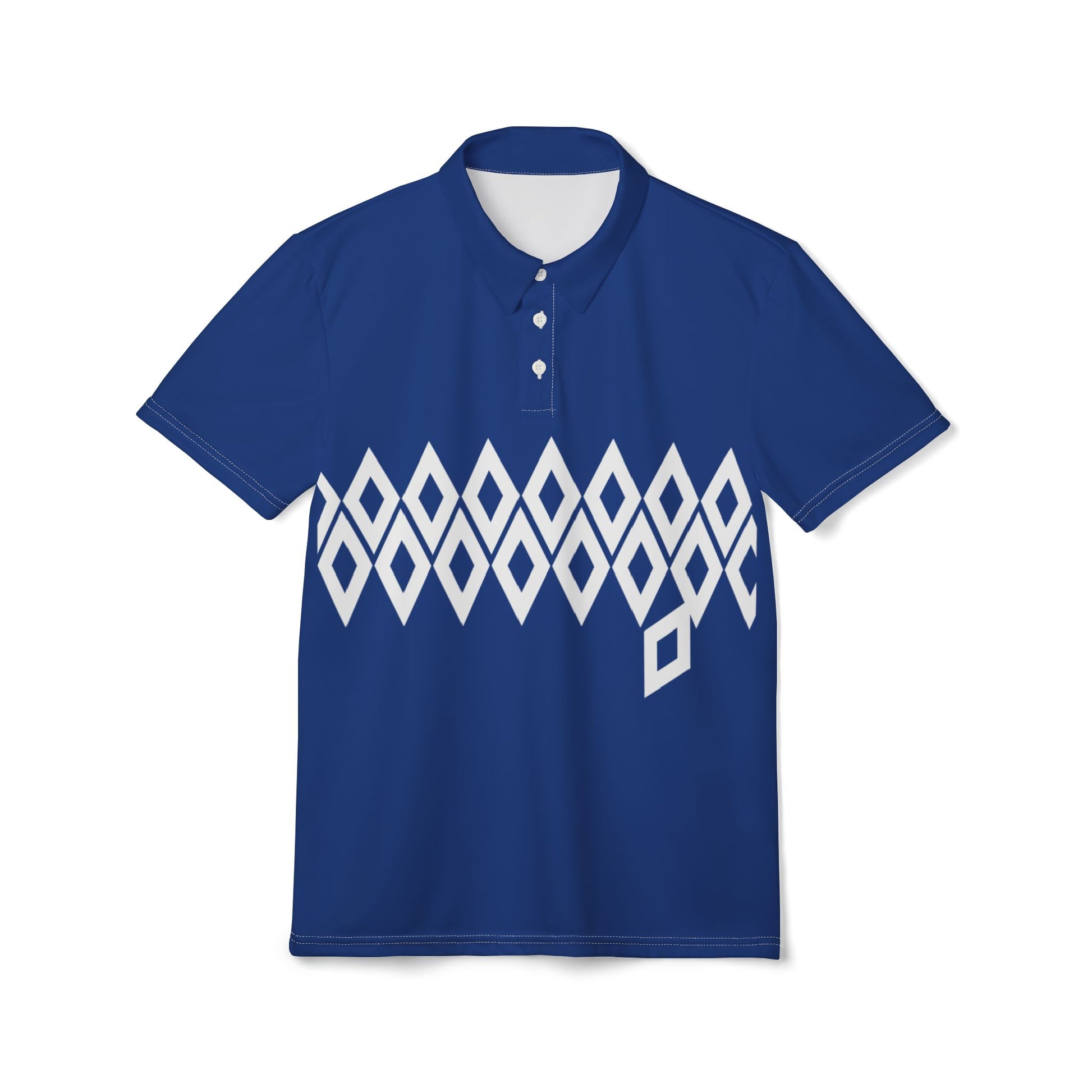 Blue polo shirt with white geometric pattern on a white background