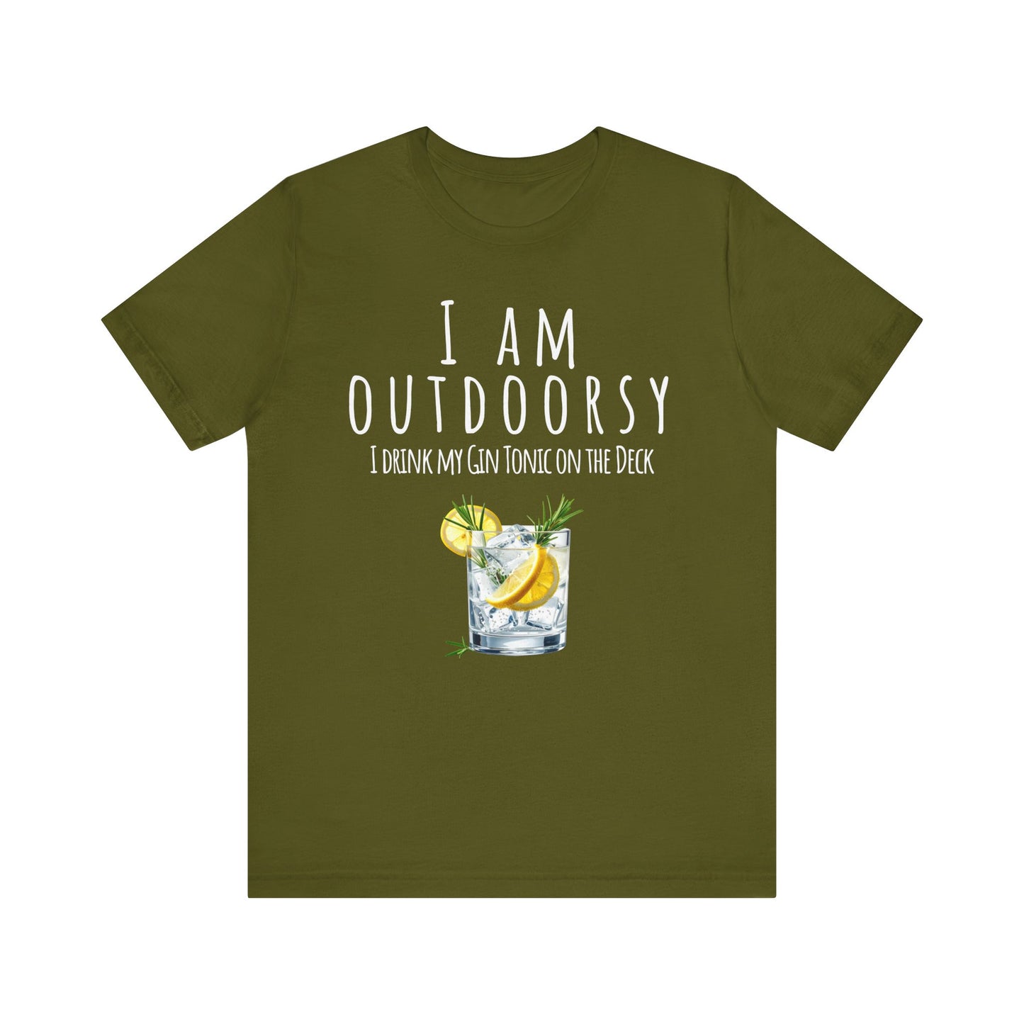Green t-shirt with 'I AM OUTDOORSY' text and cocktail graphic on a white background