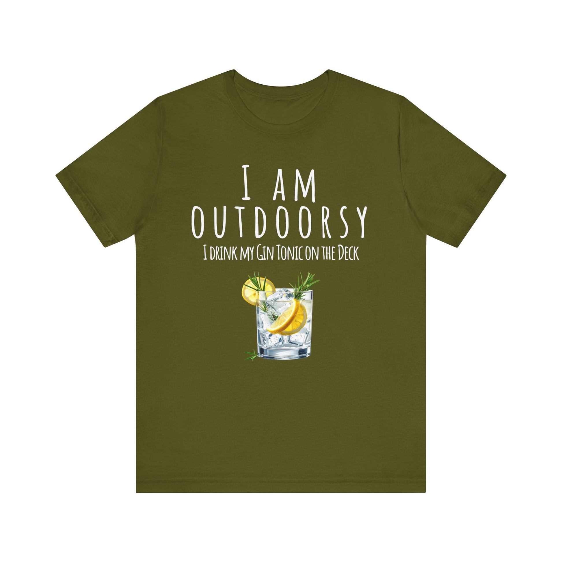Green t-shirt with 'I AM OUTDOORSY' text and cocktail graphic on a white background