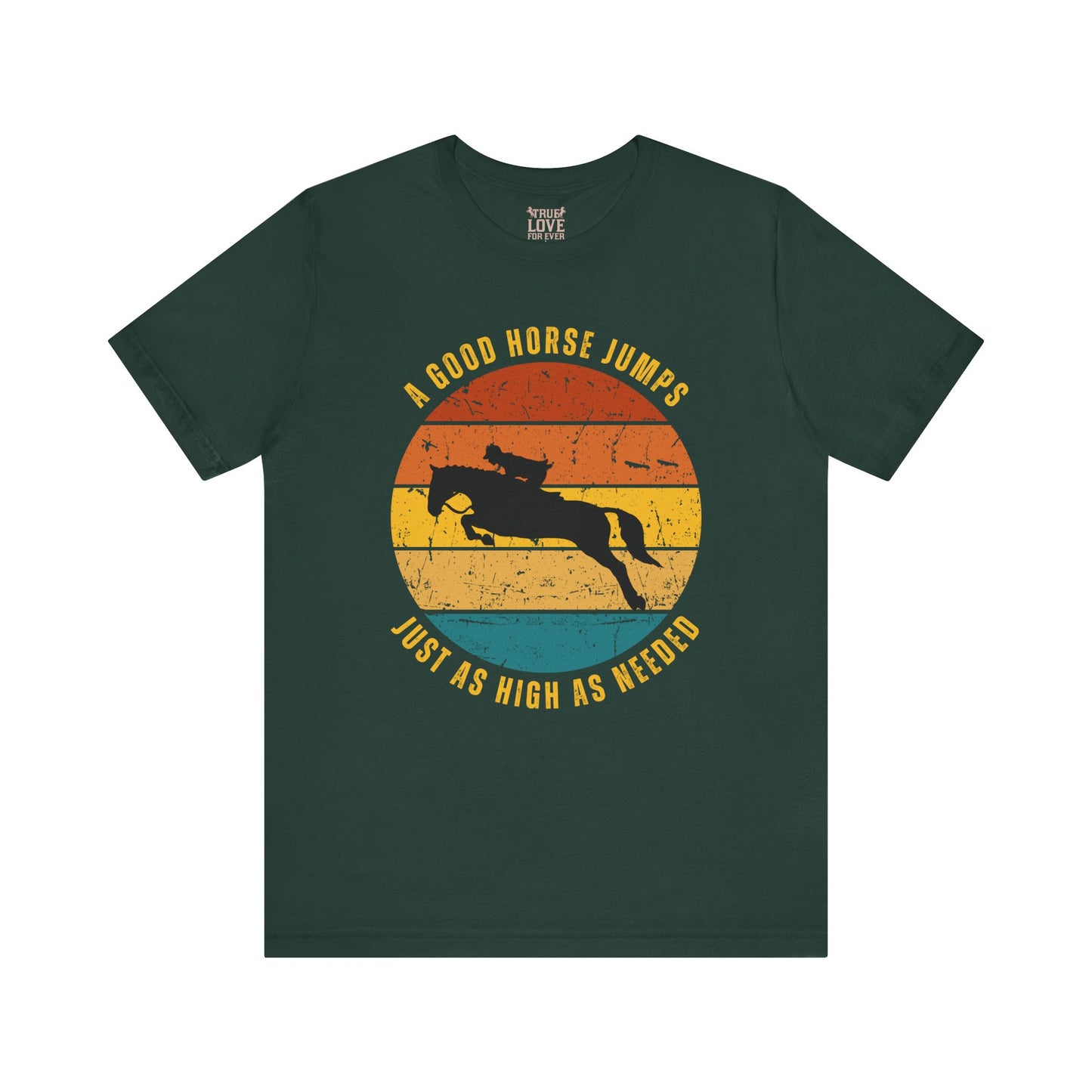 Green t-shirt with horse jumping graphic and text on a white background