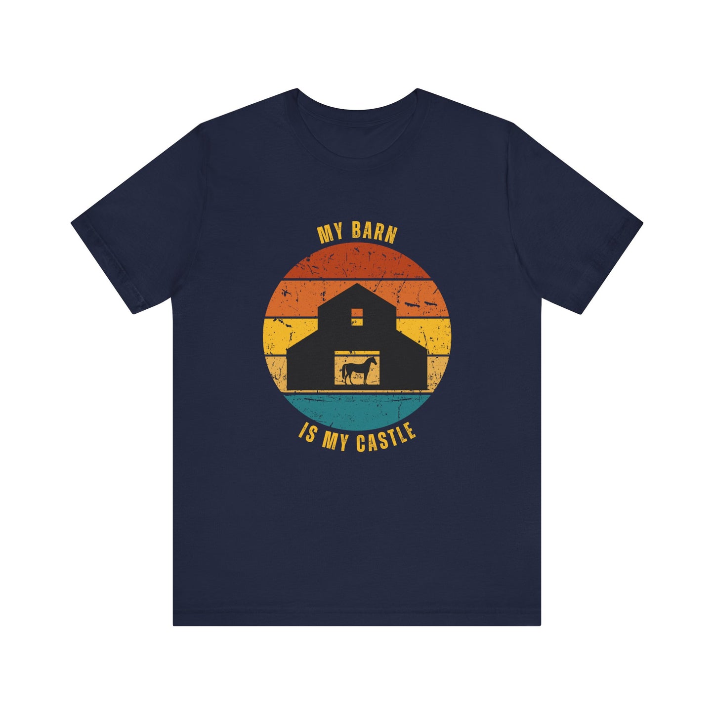 Navy blue t-shirt with a graphic of a barn and text 'My Barn is My Castle' on a white background