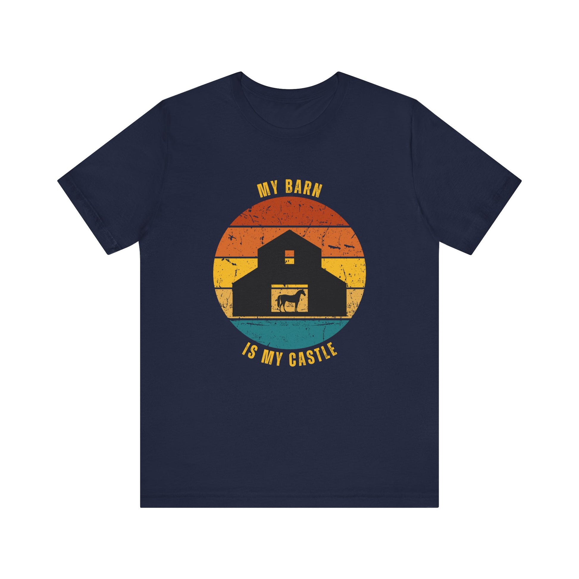 Navy blue t-shirt with a graphic of a barn and text 'My Barn is My Castle' on a white background