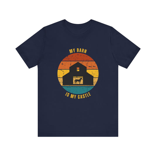 Navy blue t-shirt with a graphic of a barn and text 'My Barn is My Castle' on a white background