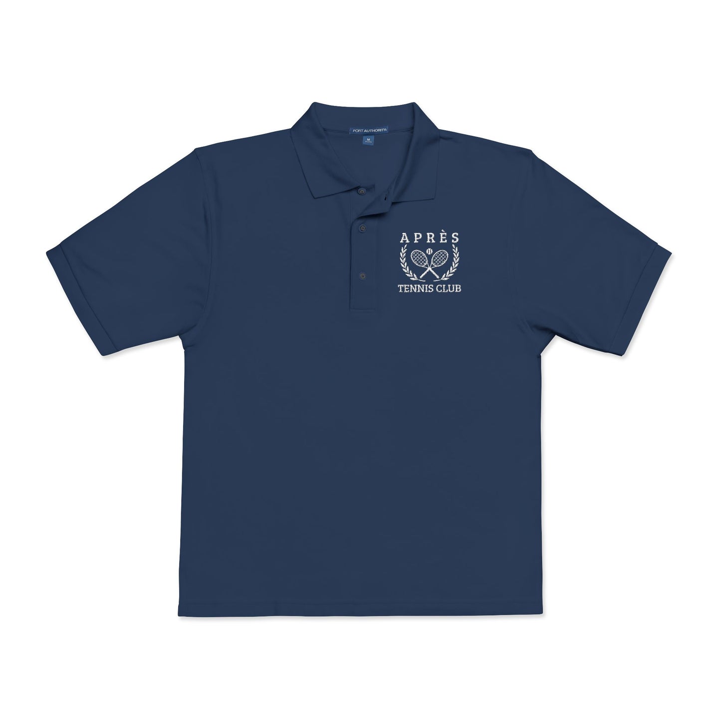 Tennis Polos Navy blue polo shirt with a logo on the chest against a white background