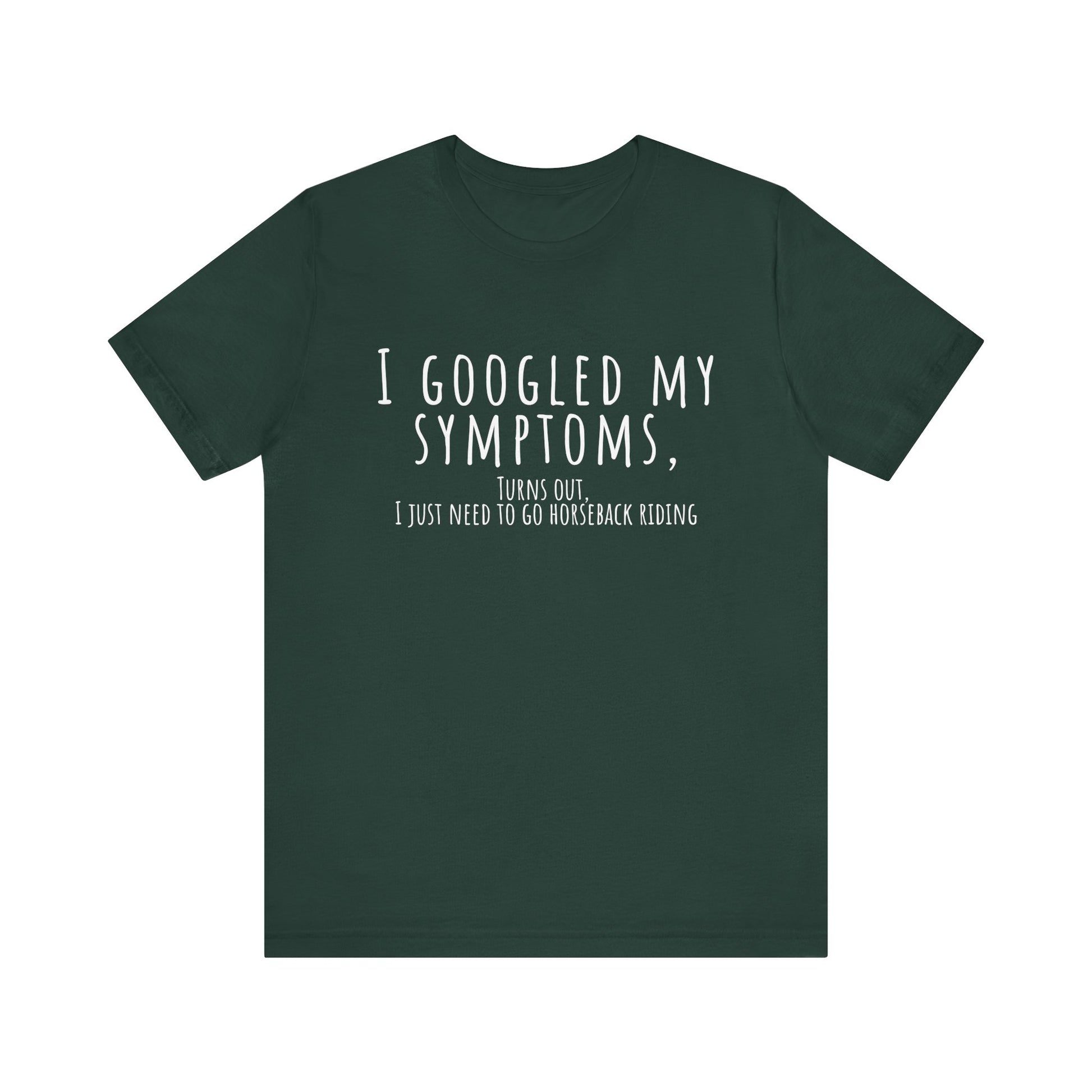 Green t-shirt with humorous text on a white background