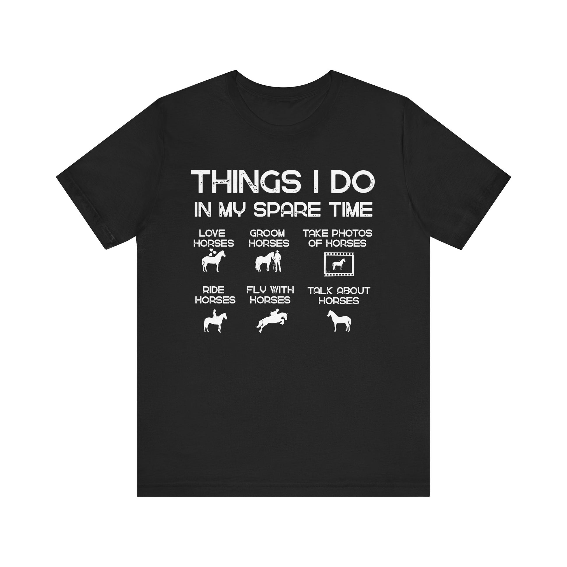 Black t-shirt with white text and horse-related graphics on a white background