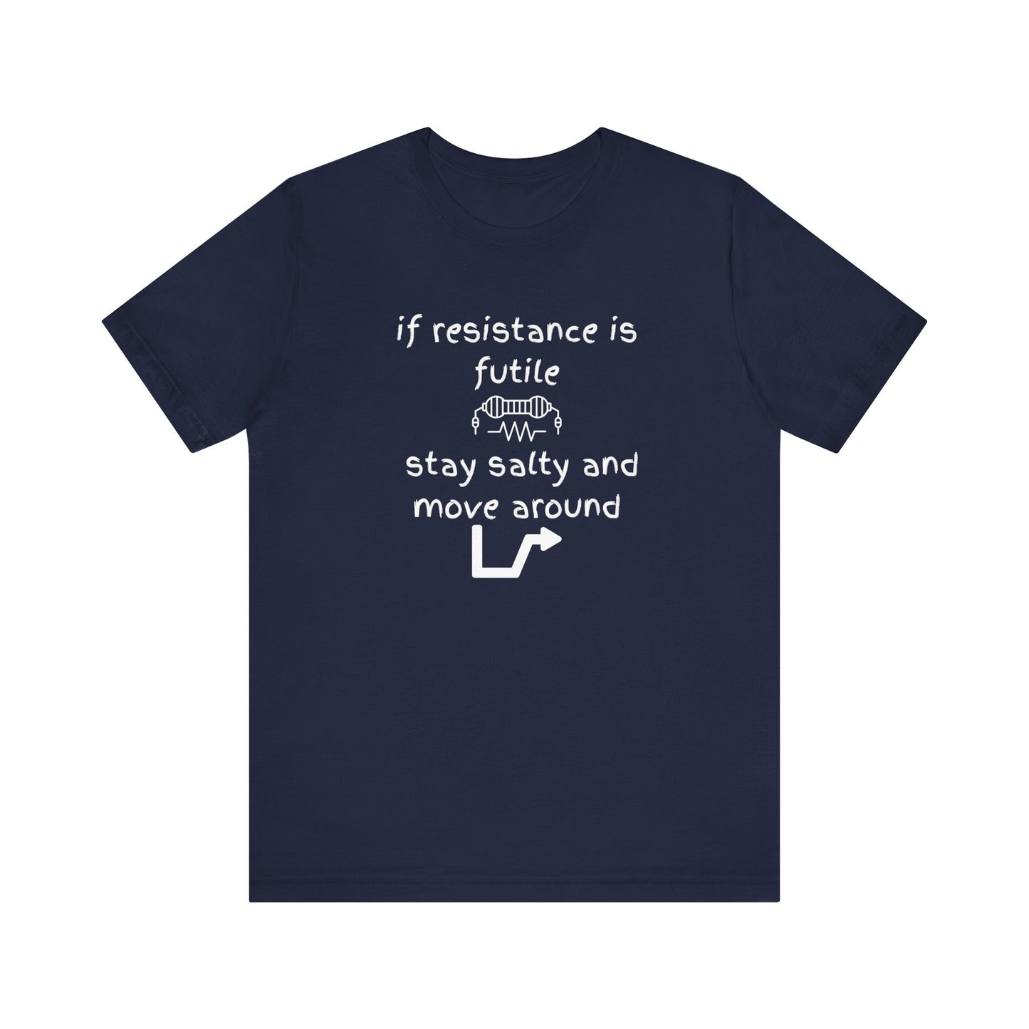 Navy blue t-shirt with white text and graphics on a white background