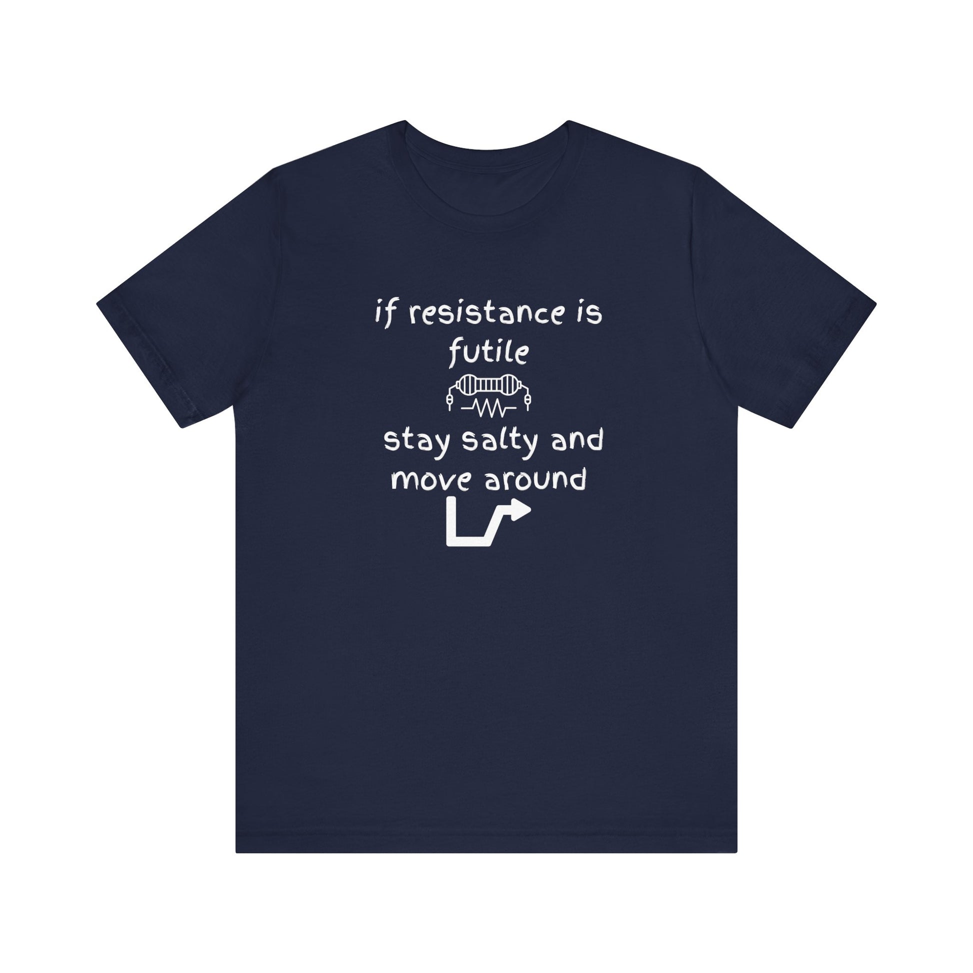 Navy blue t-shirt with white text and graphics on a white background