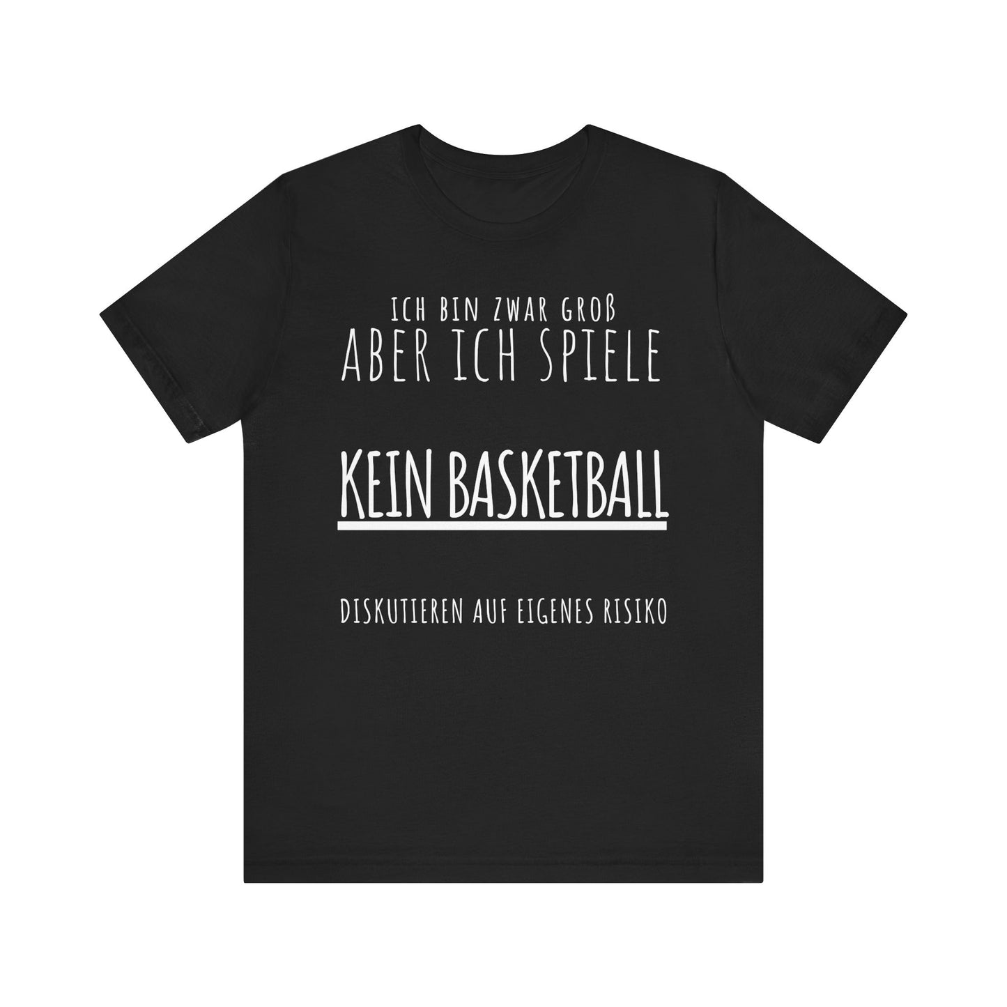 Black t-shirt with white text on a white background
